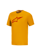 Oranje A-Dura Ride trui met korte mouwen, rood Astars-logo op de borst, technische MTB-kleding van Alpinestars.