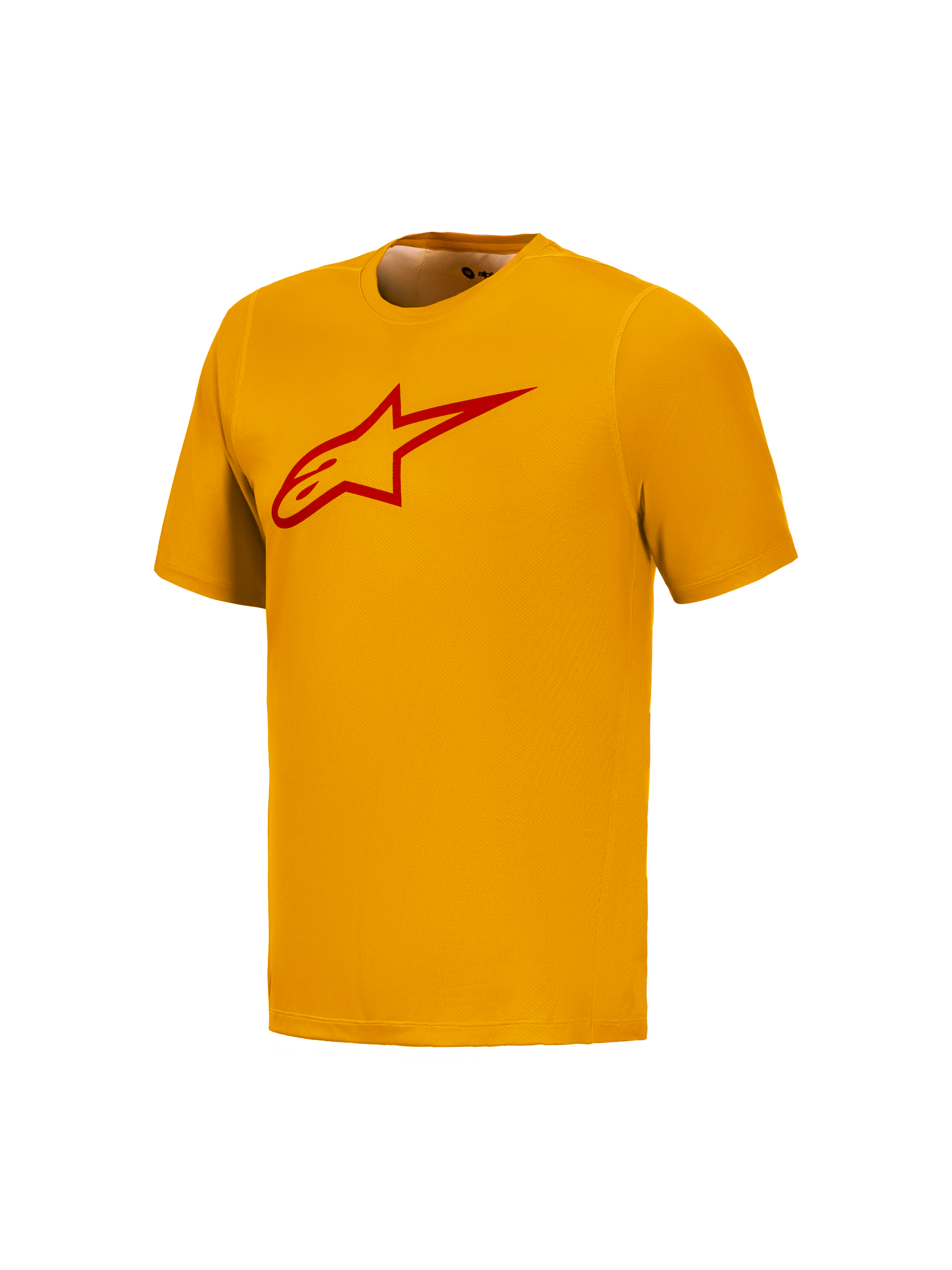 Oranje A-Dura Ride trui met korte mouwen, rood Astars-logo op de borst, technische MTB-kleding van Alpinestars.