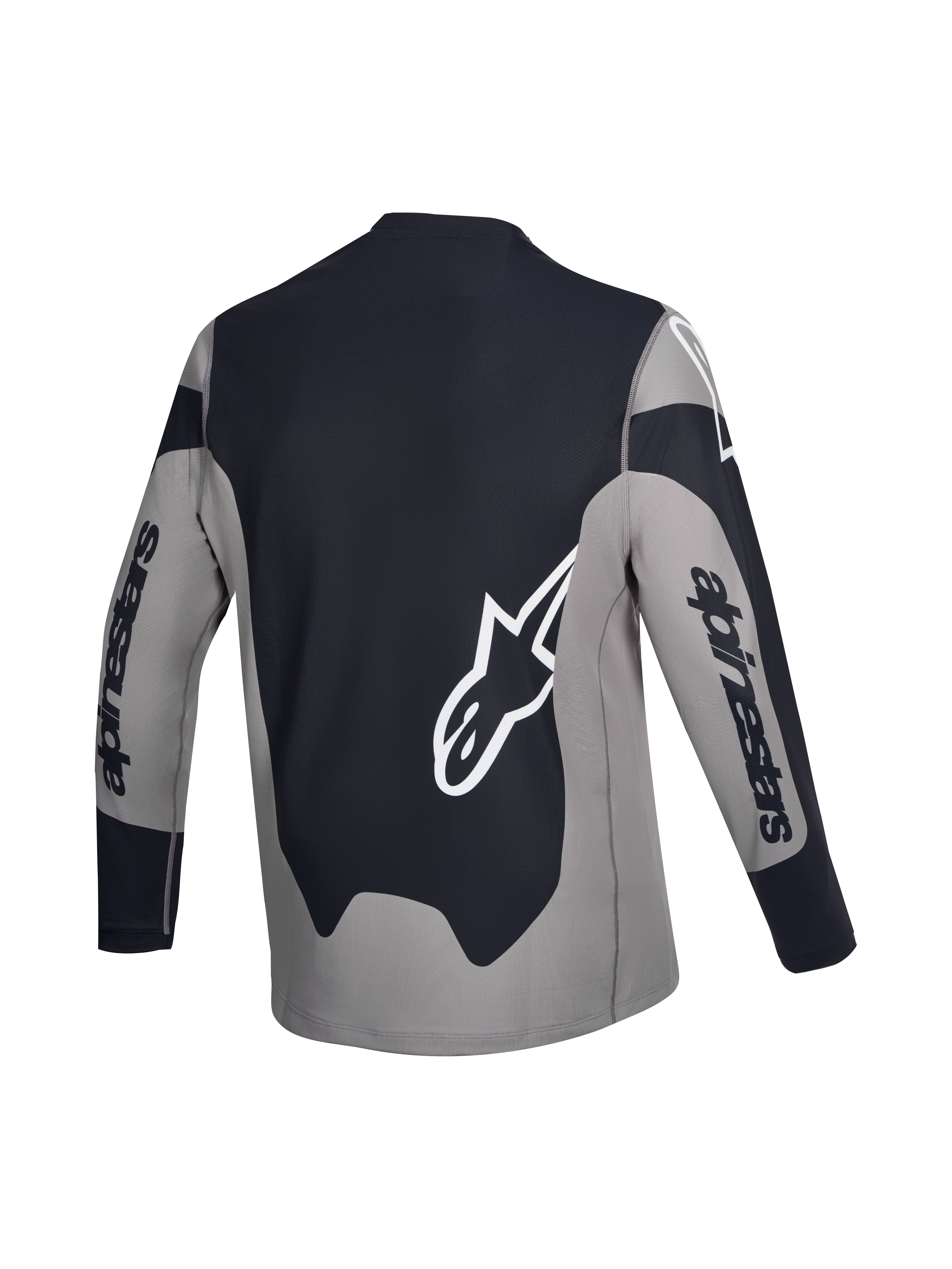 Alpinestars A-Dura Race Jersey, mountainbike jersey met lange mouwen, achteraanzicht, grijs en zwart met witte logografische accenten, lichtgewicht gerecyclede stretchstof met een langere achterzijde
