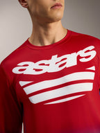 Alpinestars A-Dura ASTARS 2.0 MTB-shirt met lange mouwen, felrood met wit tekstlogo op de borst en strepen.