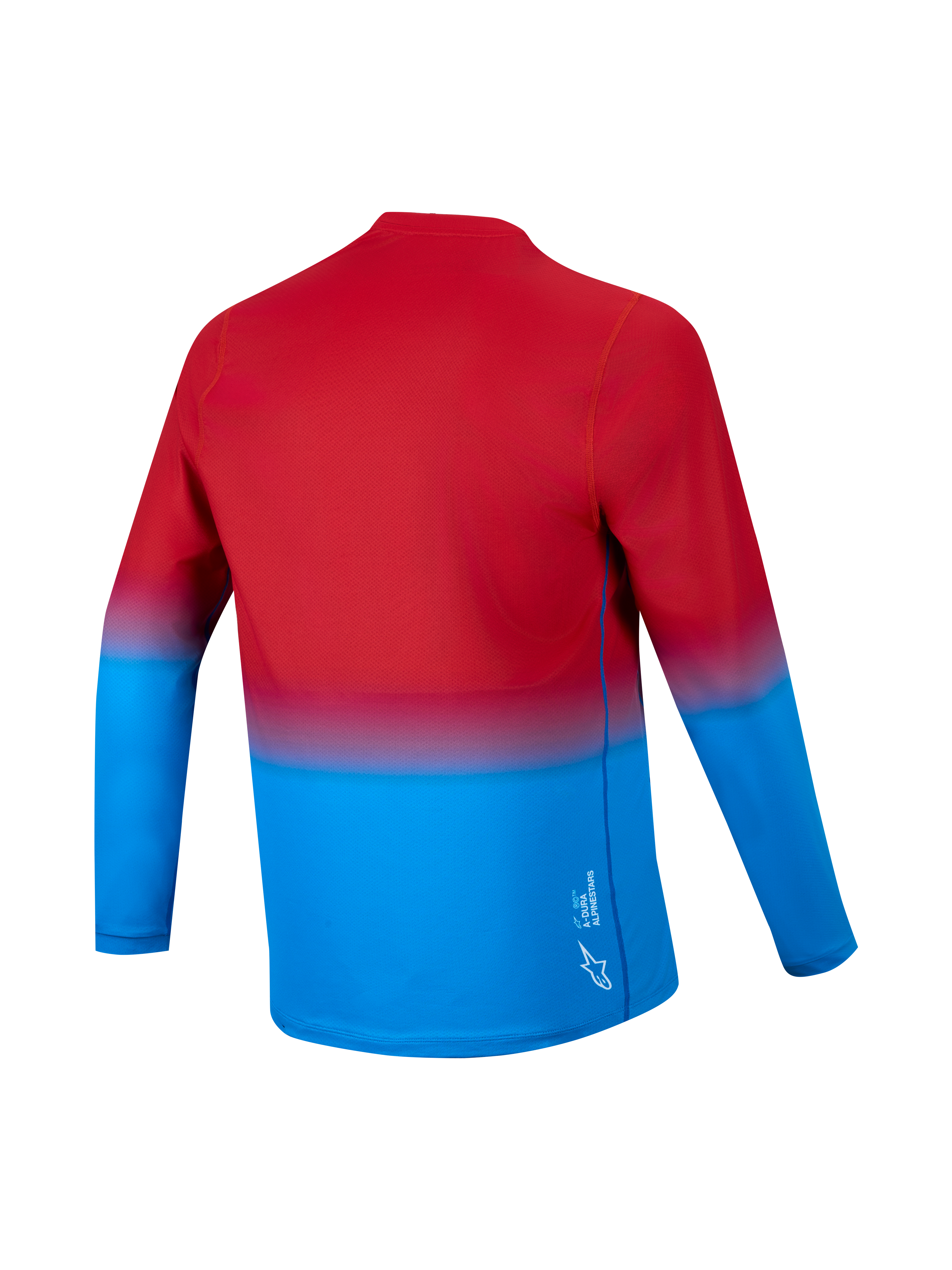 A-Dura ASTARS 2.0 Jersey met lange mouwen, rood-blauw kleurverloop, achteraanzicht met drop tail en technische stof.