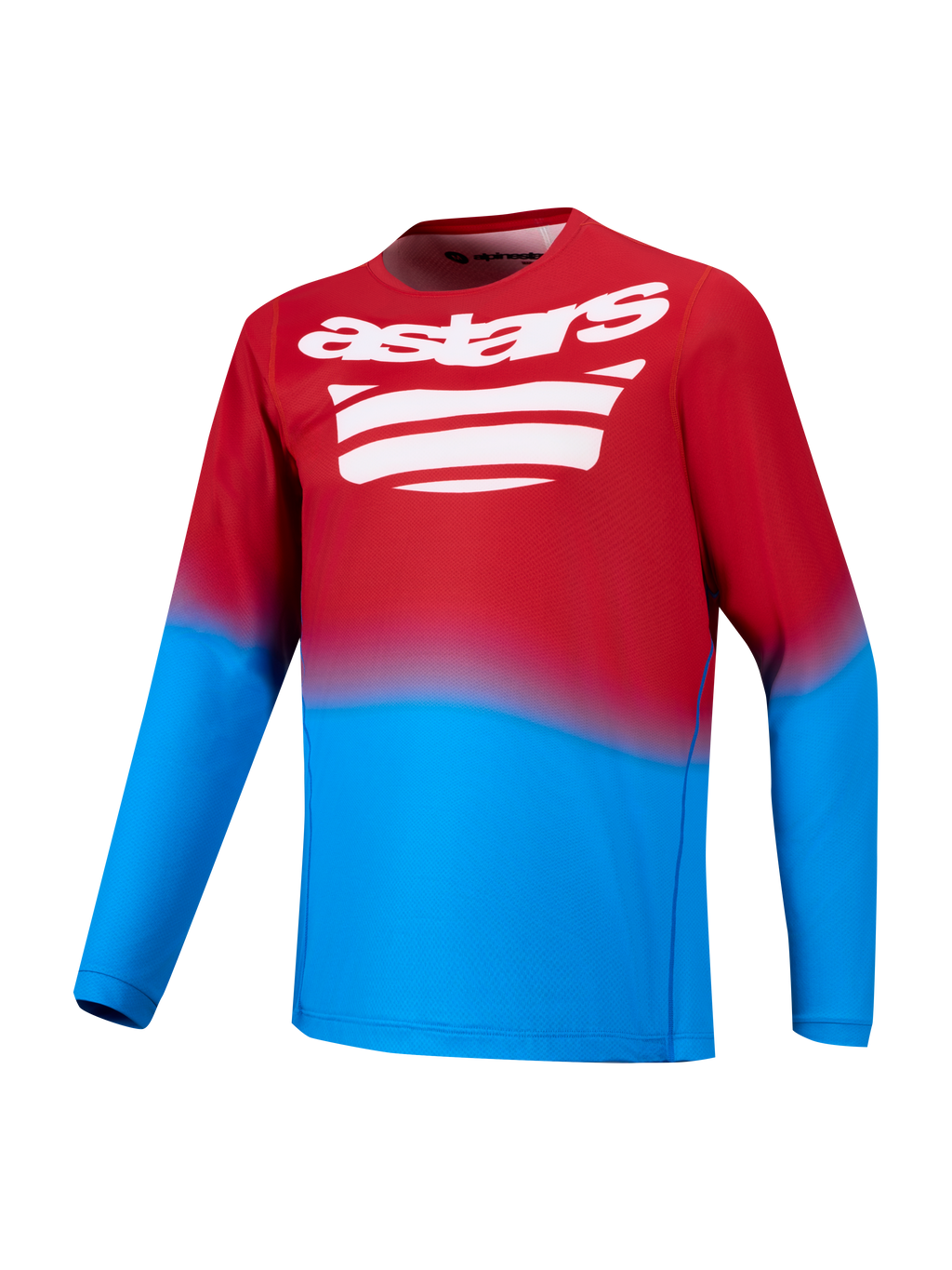 Felrode en blauwe A-Dura ASTARS 2.0 MTB-jersey met lange mouwen en een wit grafisch logo op de borst.