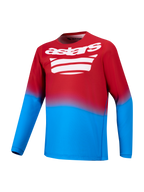 Felrode en blauwe A-Dura ASTARS 2.0 MTB-jersey met lange mouwen en een wit grafisch logo op de borst.