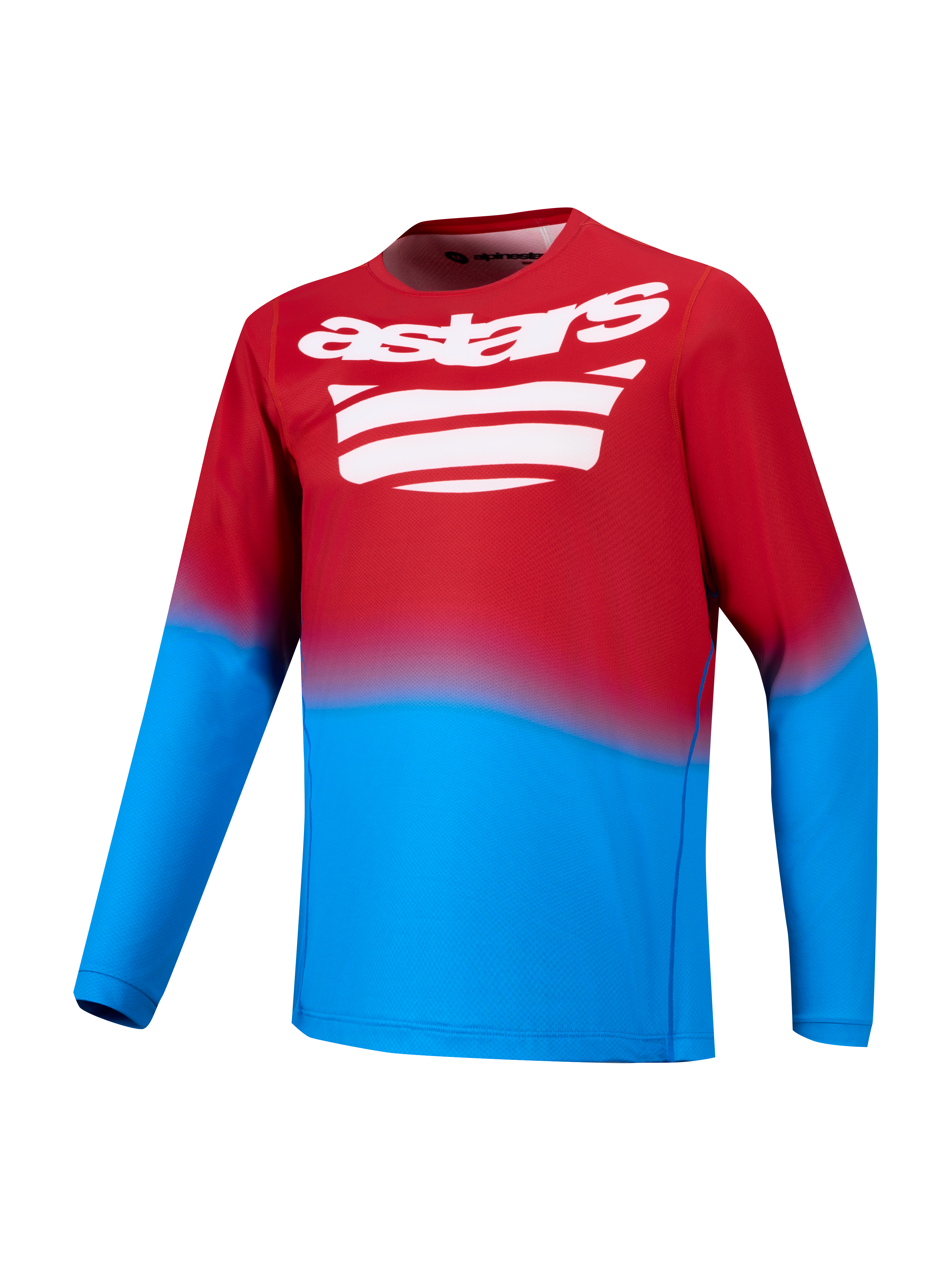 Felrode en blauwe A-Dura ASTARS 2.0 MTB-jersey met lange mouwen en een wit grafisch logo op de borst.