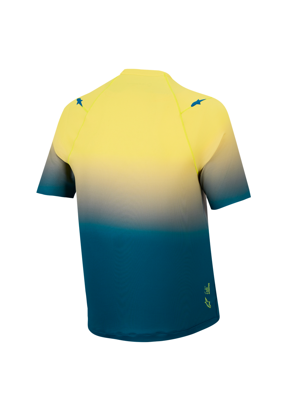 A-Dura ASTARS 2.0 Jersey achteraanzicht, blauw en geel fluo kleurverloop, korte mouwen MTB-top met stretch.