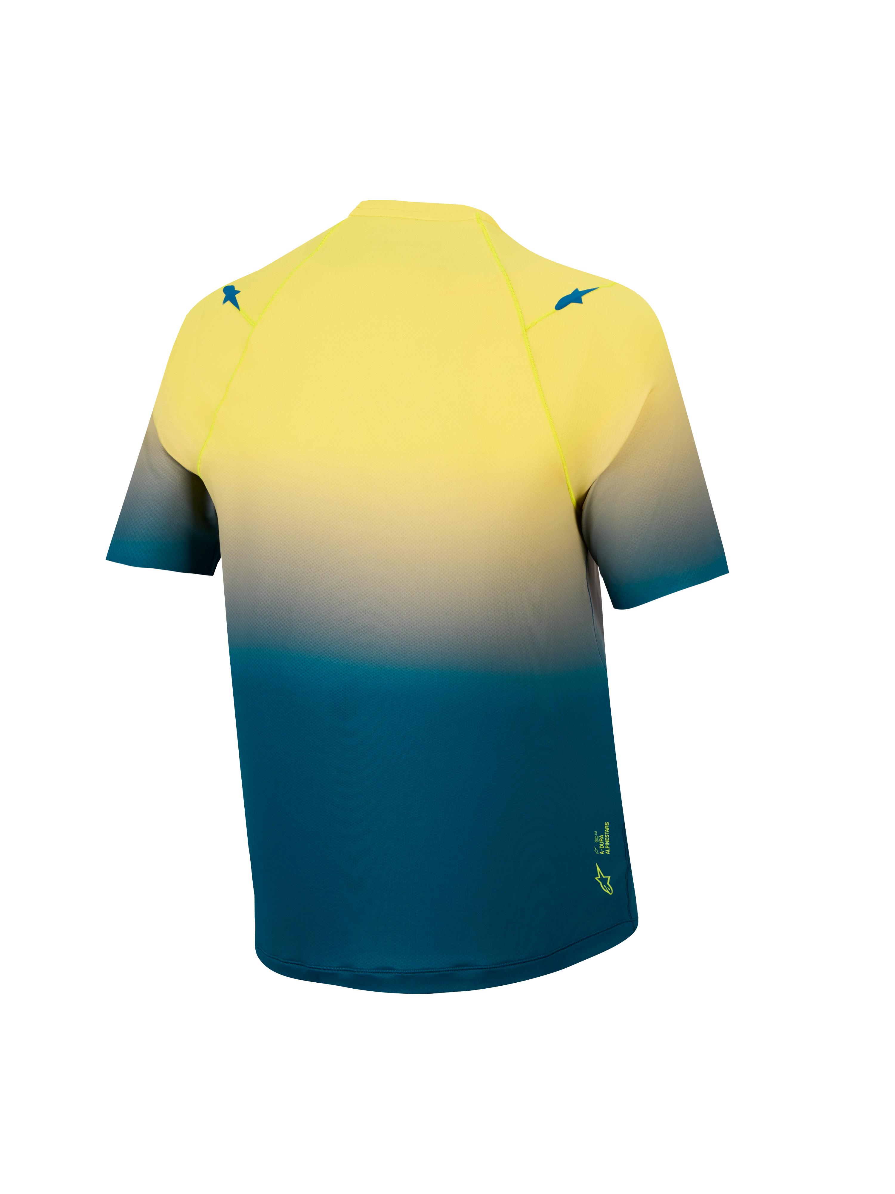 A-Dura ASTARS 2.0 Jersey achteraanzicht, blauw en geel fluo kleurverloop, korte mouwen MTB-top met stretch.