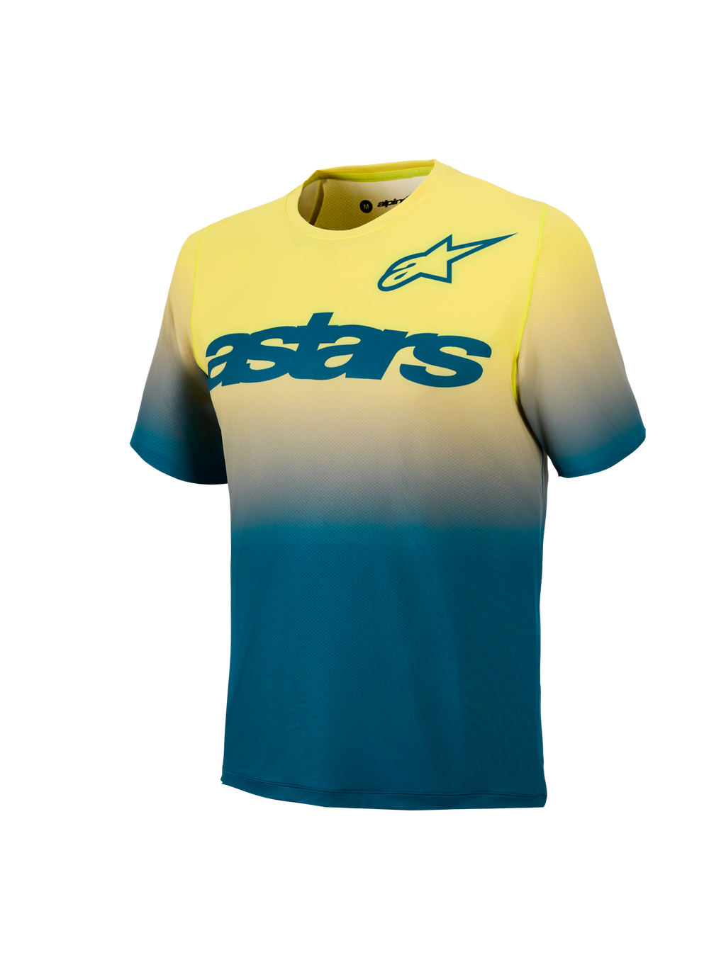 A-Dura ASTARS Jersey 2.0 MTB-top, fluorgeel naar blauwgroen kleurverloop, korte mouwen en opvallende teal borstlogo's.