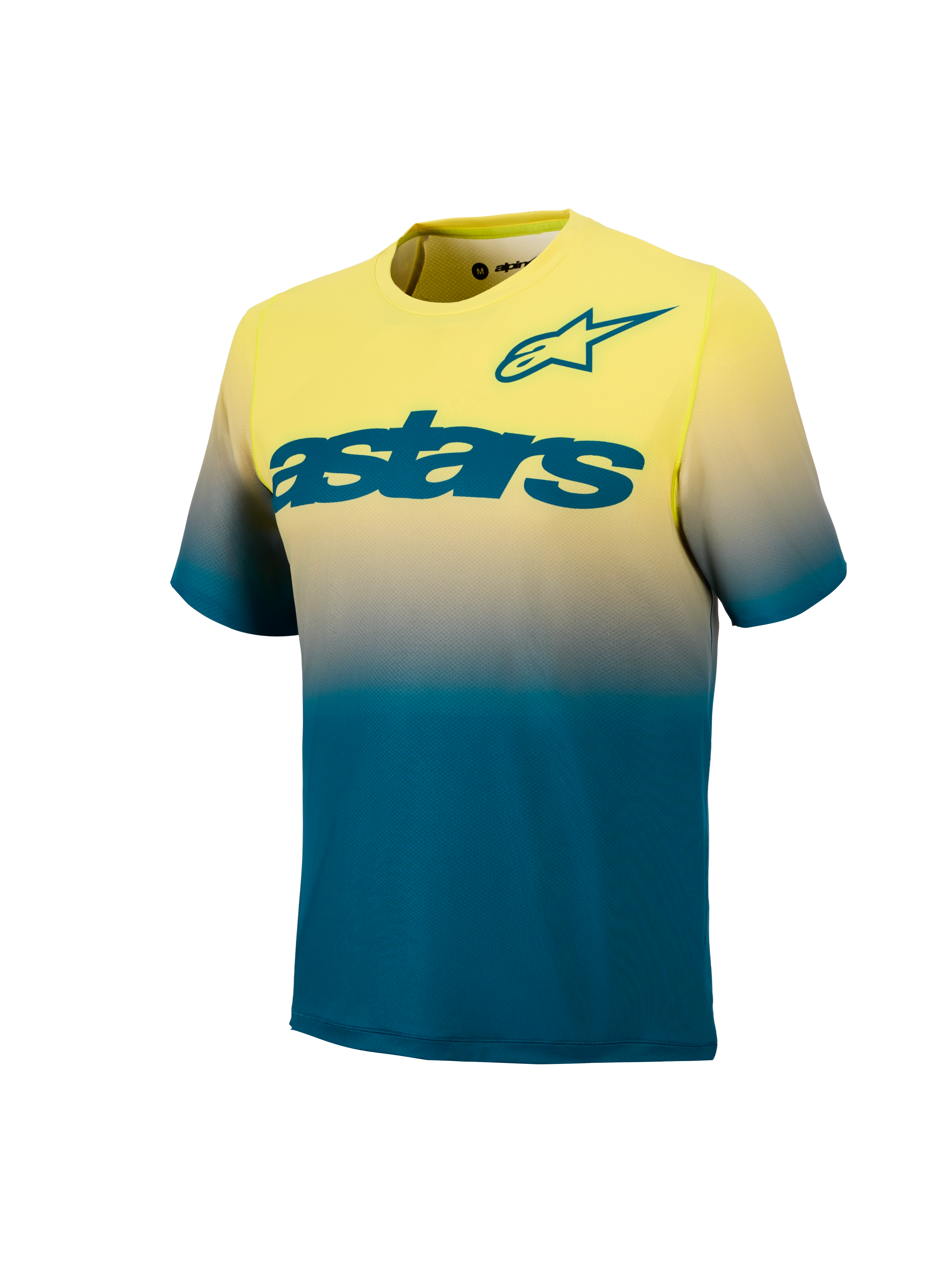 A-Dura ASTARS Jersey 2.0 MTB-top, fluorgeel naar blauwgroen kleurverloop, korte mouwen en opvallende teal borstlogo's.
