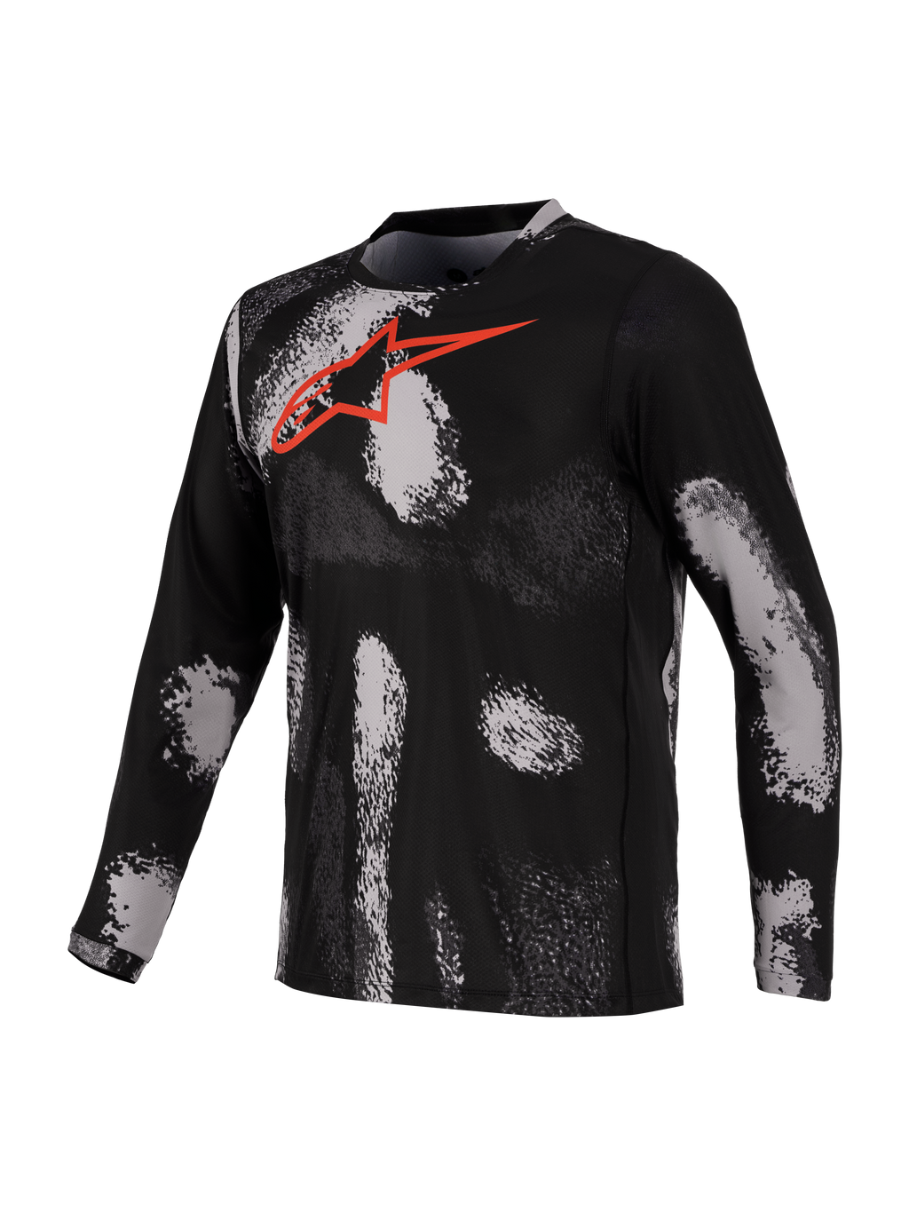 Alpinestars A-Dura Ride jersey, MTB-jersey met lange mouwen, zwart en grijs camo-patroon met rood borstlogo, sneldrogende stof van gerecycled polyester en spandex