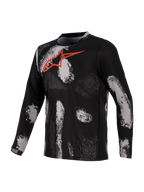 Alpinestars A-Dura Ride jersey, MTB-jersey met lange mouwen, zwart en grijs camo-patroon met rood borstlogo, sneldrogende stof van gerecycled polyester en spandex