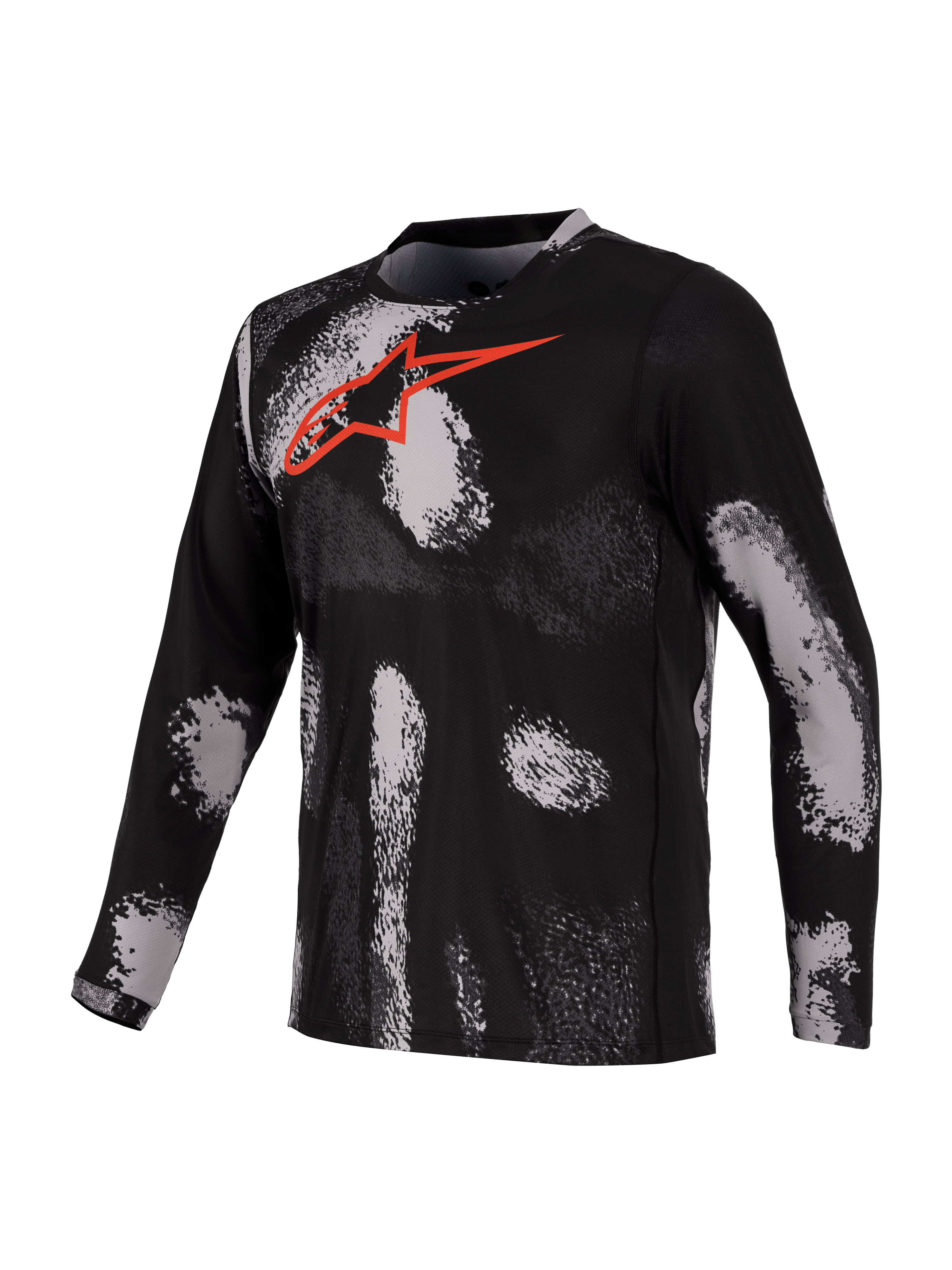 Alpinestars A-Dura Ride jersey, MTB-jersey met lange mouwen, zwart en grijs camo-patroon met rood borstlogo, sneldrogende stof van gerecycled polyester en spandex