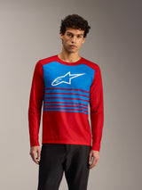 A-Dura Elite 2.0 rode jersey met lange mouwen, blauw borstpaneel, wit Alpinestars-logo en strepen voor MTB-trailrijden.