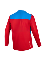 Alpinestars A-Dura Elite Jersey 2.0 met lange mouwen, rood en blauw, achterzijde van vochtafvoerende trailstof.