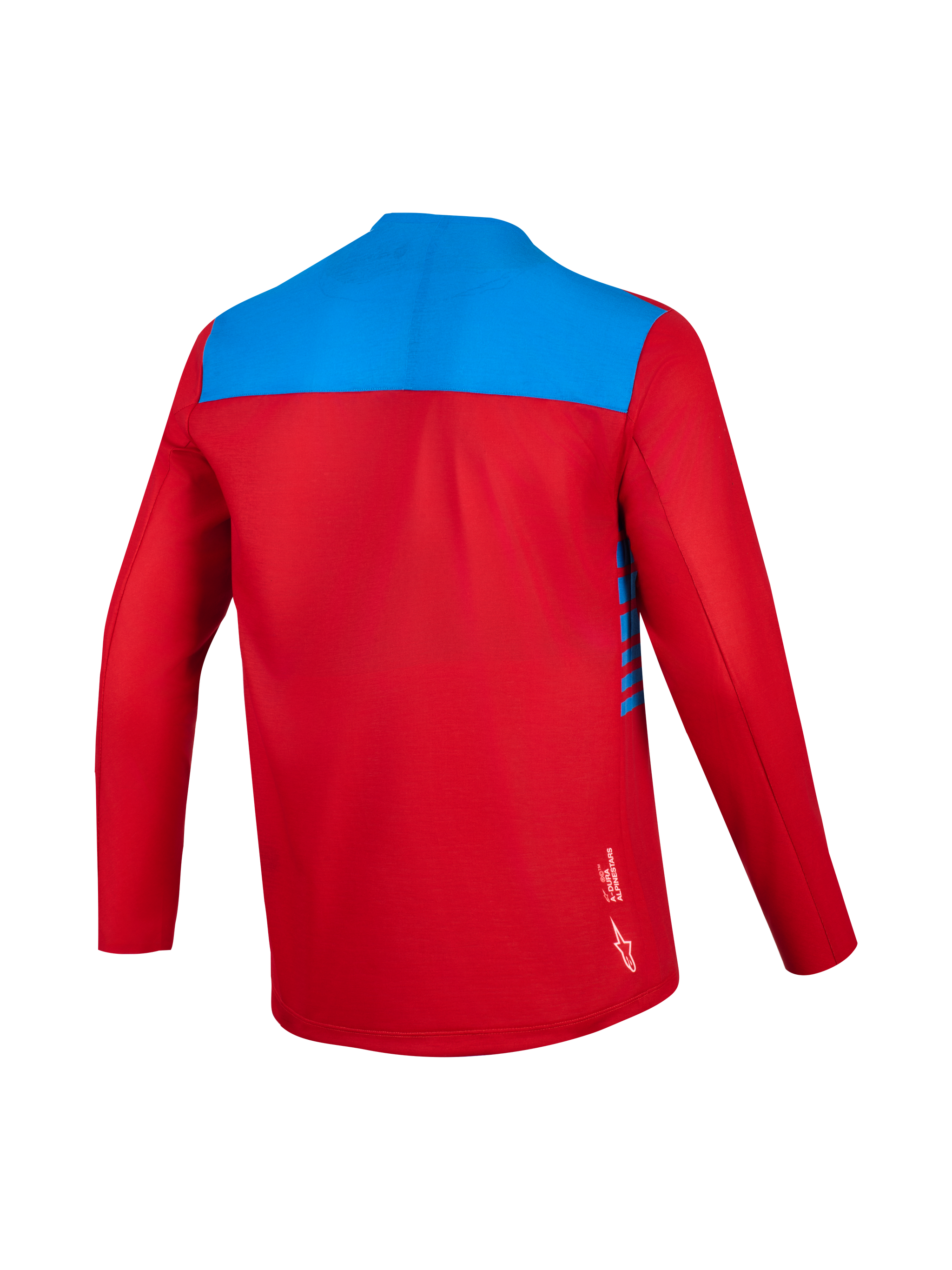 Alpinestars A-Dura Elite Jersey 2.0 met lange mouwen, rood en blauw, achterzijde van vochtafvoerende trailstof.