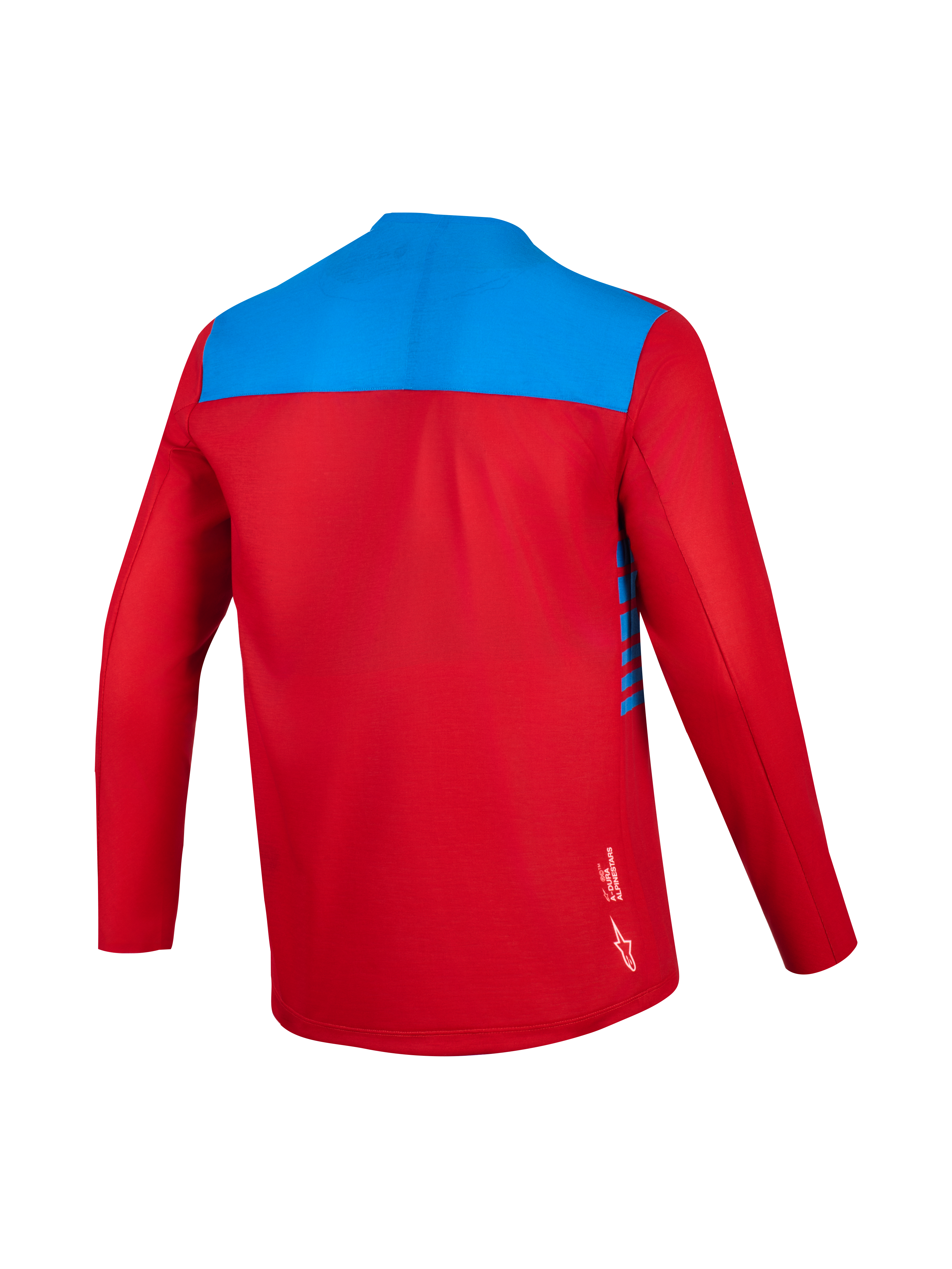 Alpinestars A-Dura Elite Jersey 2.0 met lange mouwen, rood en blauw, achterzijde van vochtafvoerende trailstof.