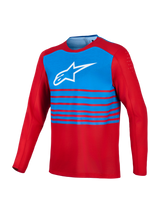 Rode en blauwe A-Dura Elite 2.0 MTB-jersey met lange mouwen, wit Alpinestars-logo op de borst en bicepsventilatie.