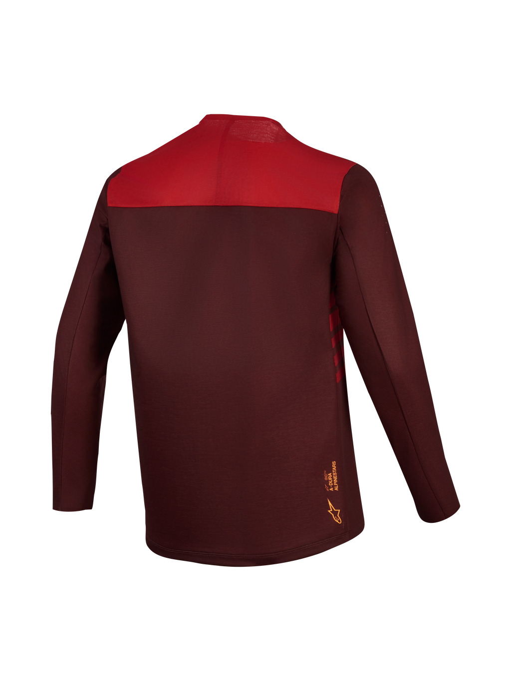 A-Dura Elite Trui 2.0 in bordeaux en rood, MTB-shirt met lange mouwen, color-blocked rug en verlengde achterkant.