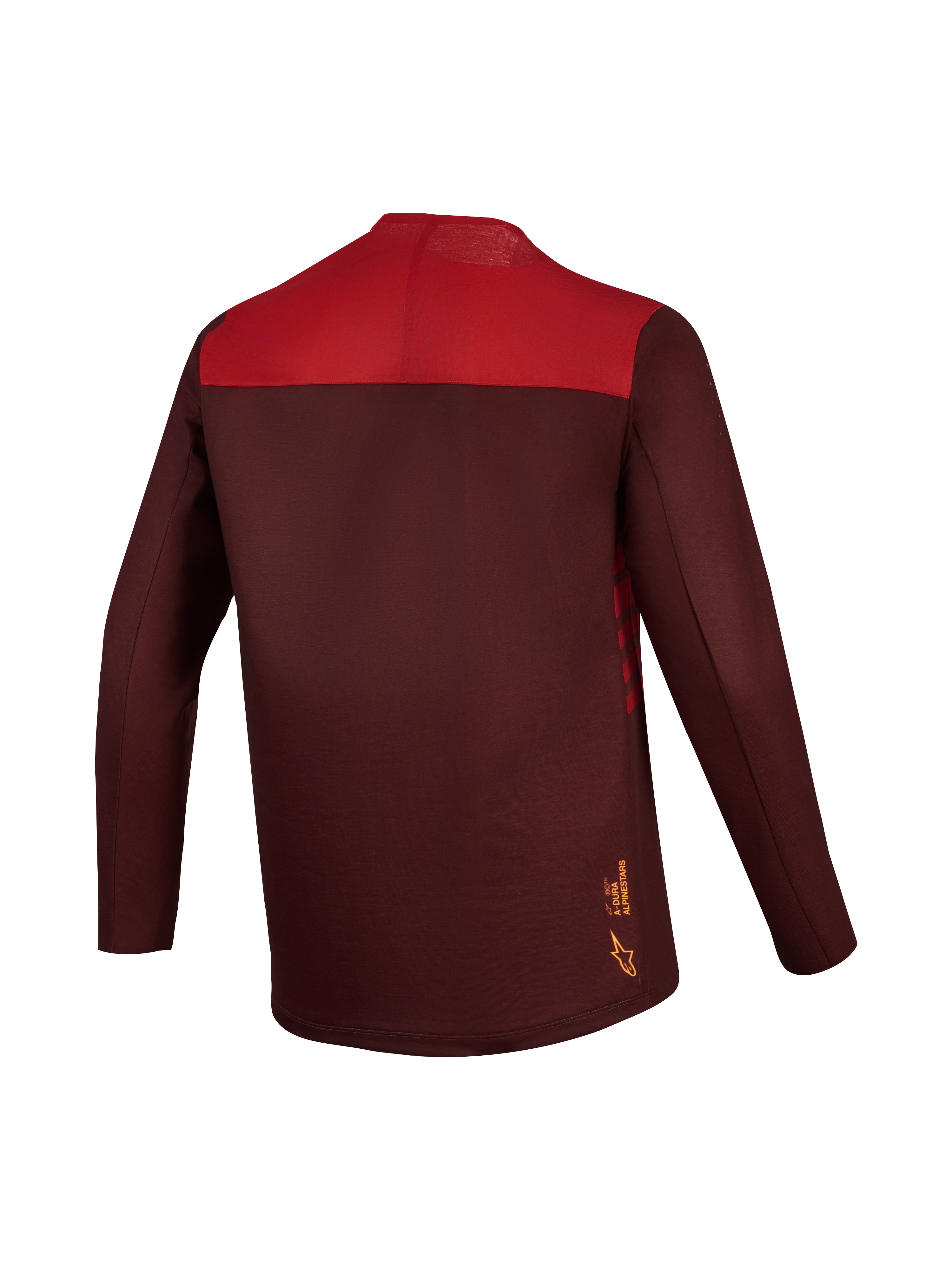 A-Dura Elite Trui 2.0 in bordeaux en rood, MTB-shirt met lange mouwen, color-blocked rug en verlengde achterkant.
