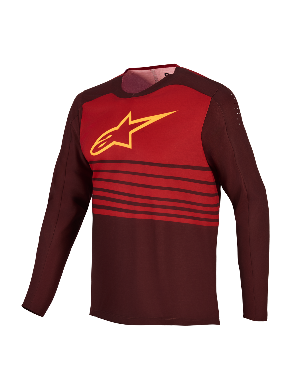 A-Dura Elite 2.0 MTB-jersey in bordeaux, lange mouwen met rood borstblok en geel Alpinestars-logo.