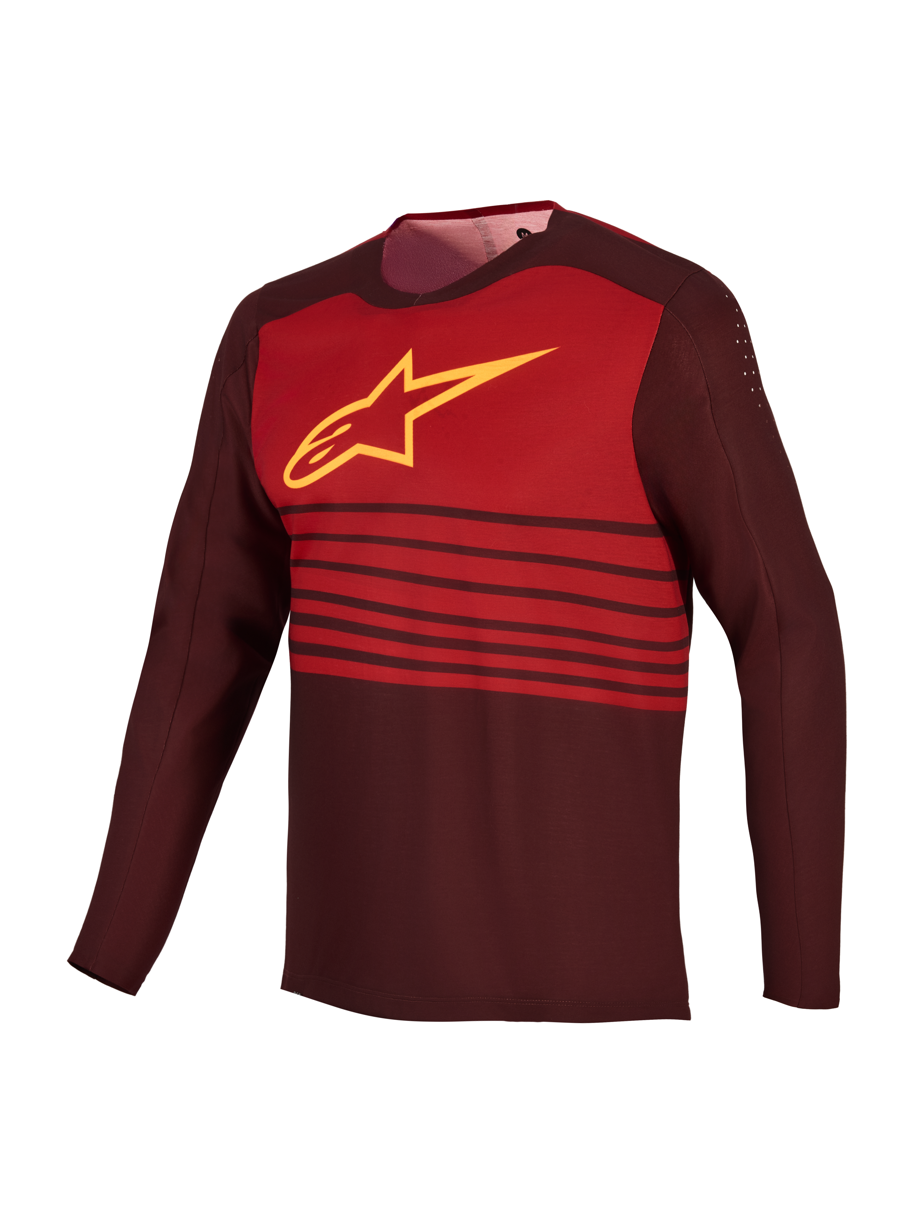 A-Dura Elite 2.0 MTB-jersey in bordeaux, lange mouwen met rood borstblok en geel Alpinestars-logo.