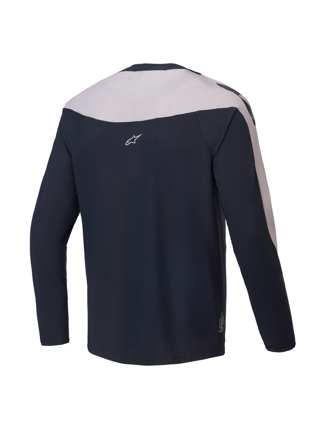 Alpinestars A-Supra Melt jersey, lange mouwen MTB-fietsshirt, achteraanzicht, zwart en lichtgrijs, lichtgewicht micro-geperforeerd polyester met stretchpanelen