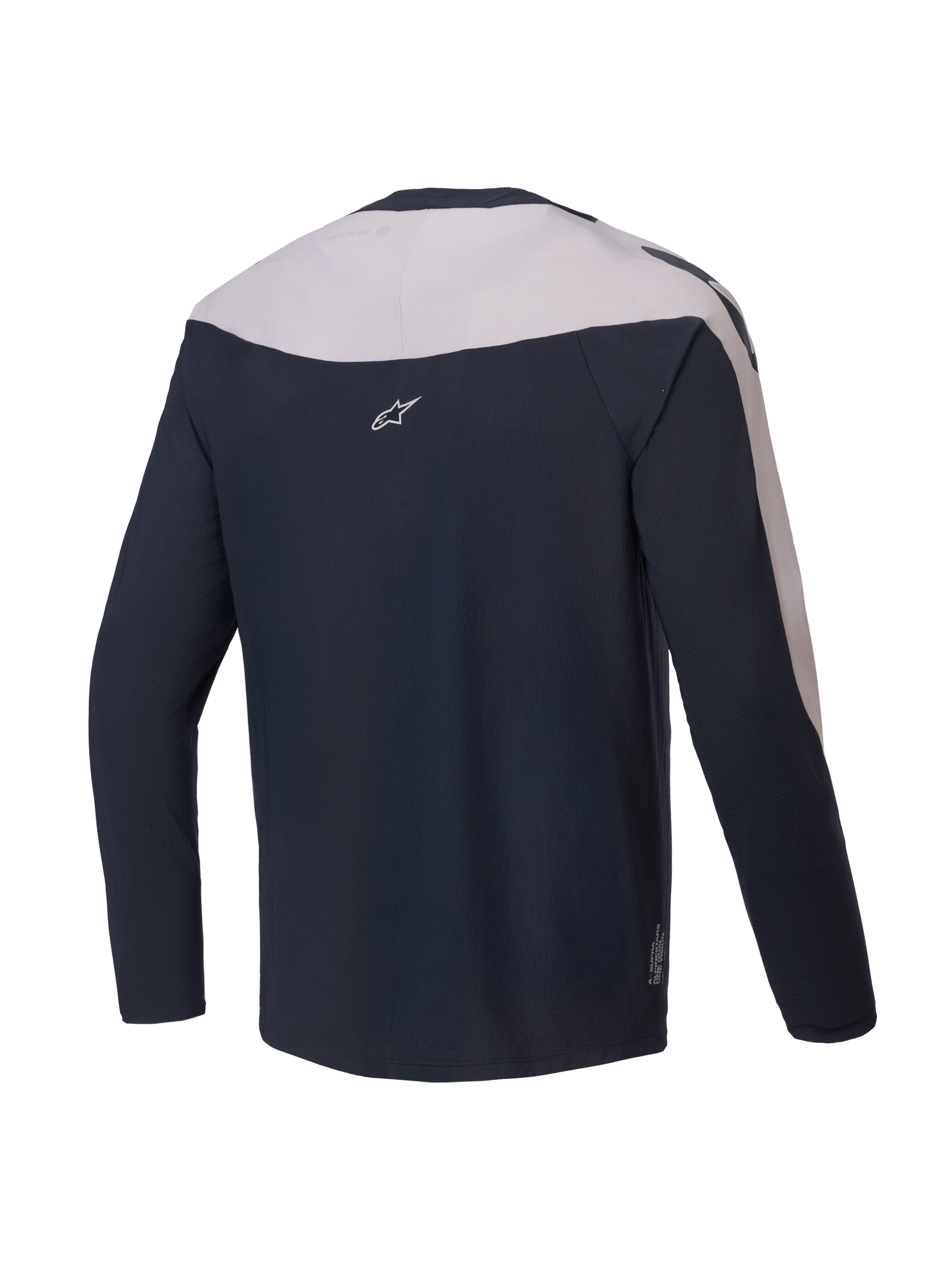 Alpinestars A-Supra Melt jersey, lange mouwen MTB-fietsshirt, achteraanzicht, zwart en lichtgrijs, lichtgewicht micro-geperforeerd polyester met stretchpanelen