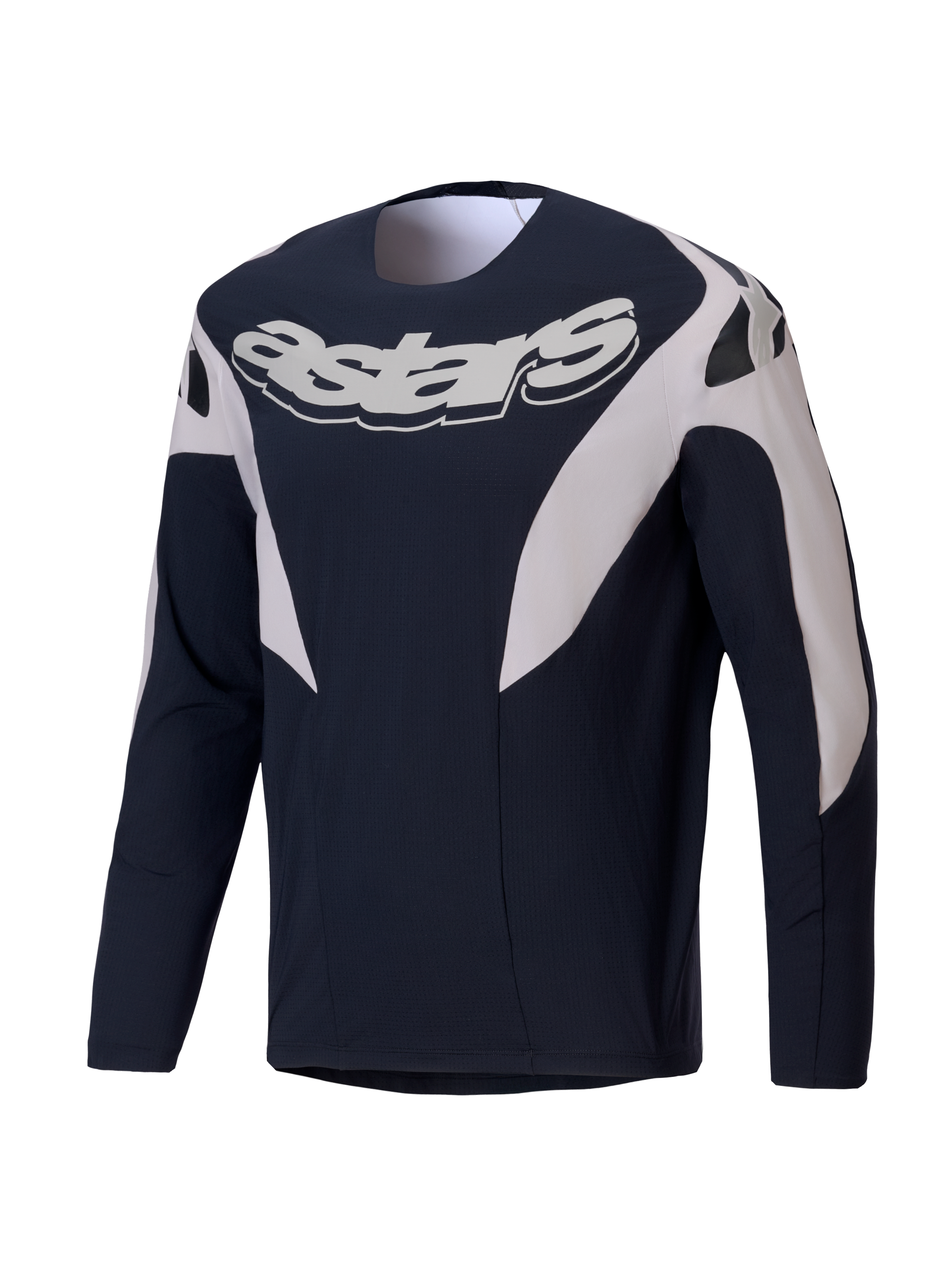 Alpinestars A-Supra Melt Jersey, langsarme MTB-racejersey voor heren, zwart en wit met opvallend logo op de borst en geventileerde stretchconstructie