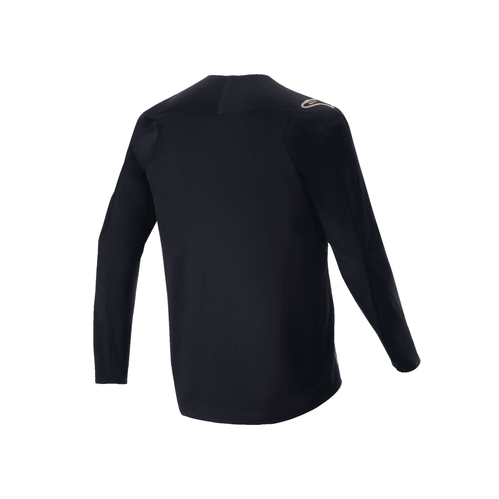 Alpinestars A-Aria Polartec Switch Long Sleeve Jersey, zwart, achteraanzicht van mountainbike jersey, klein beige logo op de schouder en verlengde achterzoom, technische vochtafvoerende stof voor off-road fietsen