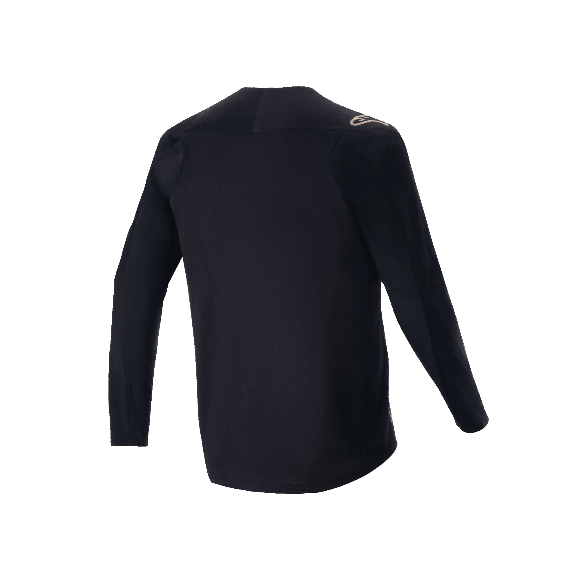 Alpinestars A-Aria Polartec Switch Long Sleeve Jersey, zwart, achteraanzicht van mountainbike jersey, klein beige logo op de schouder en verlengde achterzoom, technische vochtafvoerende stof voor off-road fietsen
