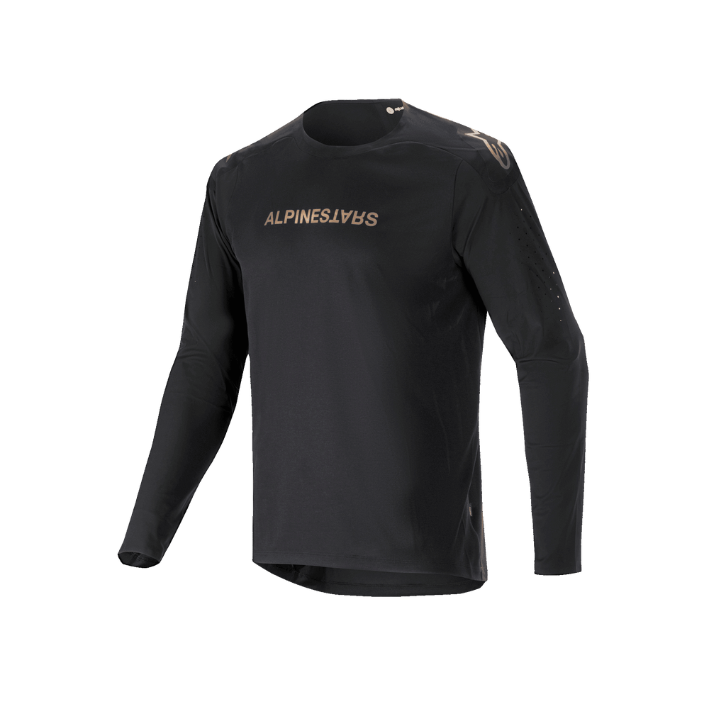 Alpinestars A-Aria Polartec Switch jersey met lange mouwen, zwart, mountainbike-jersey met goudkleurige Alpinestars-branding op de borst en schouders, voorzien van lasergeperforeerde mouwen en vochtafvoerende Polartec-stof voor off-road prestaties