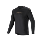 Alpinestars A-Aria Polartec Switch jersey met lange mouwen, zwart, mountainbike-jersey met goudkleurige Alpinestars-branding op de borst en schouders, voorzien van lasergeperforeerde mouwen en vochtafvoerende Polartec-stof voor off-road prestaties