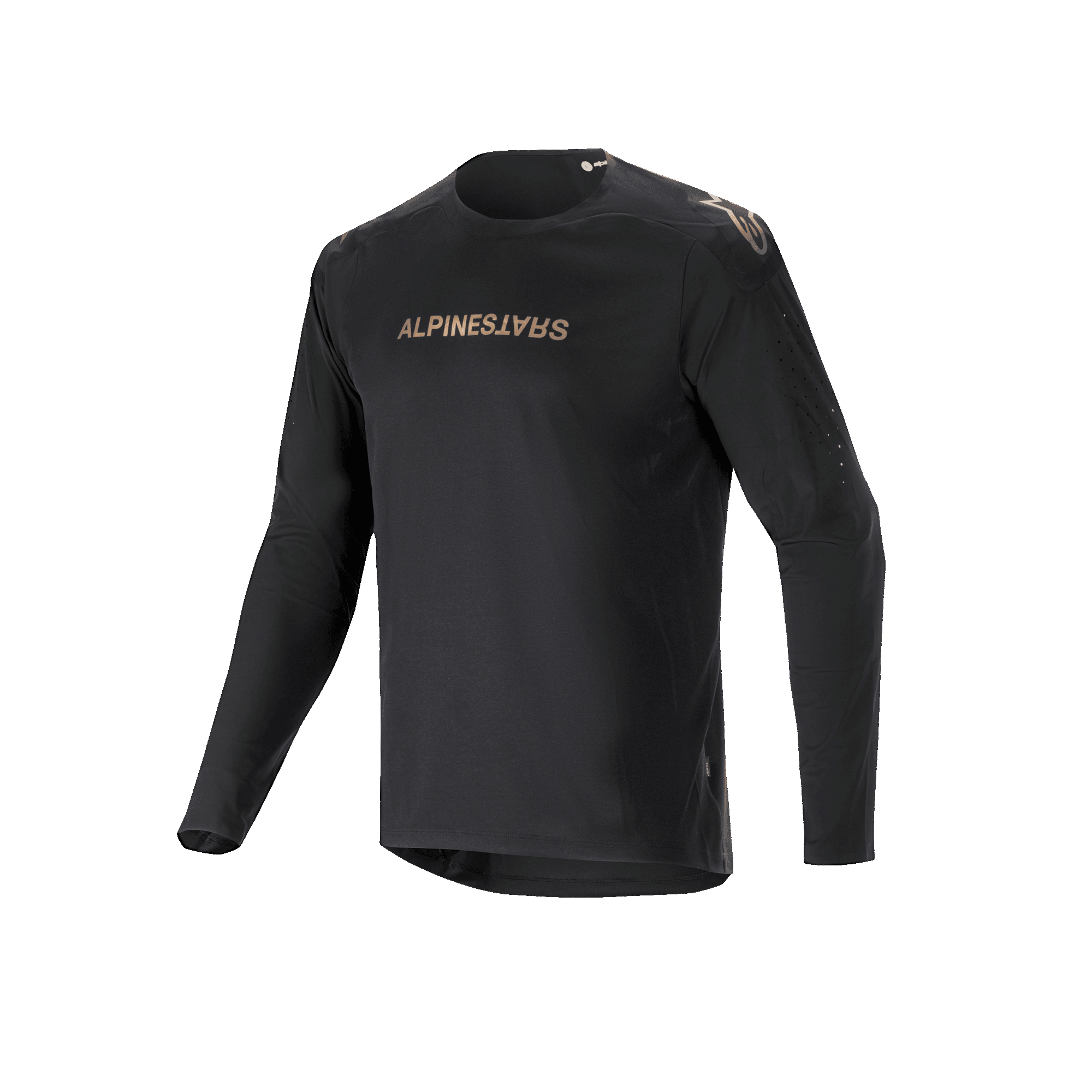 Alpinestars A-Aria Polartec Switch jersey met lange mouwen, zwart, mountainbike-jersey met goudkleurige Alpinestars-branding op de borst en schouders, voorzien van lasergeperforeerde mouwen en vochtafvoerende Polartec-stof voor off-road prestaties