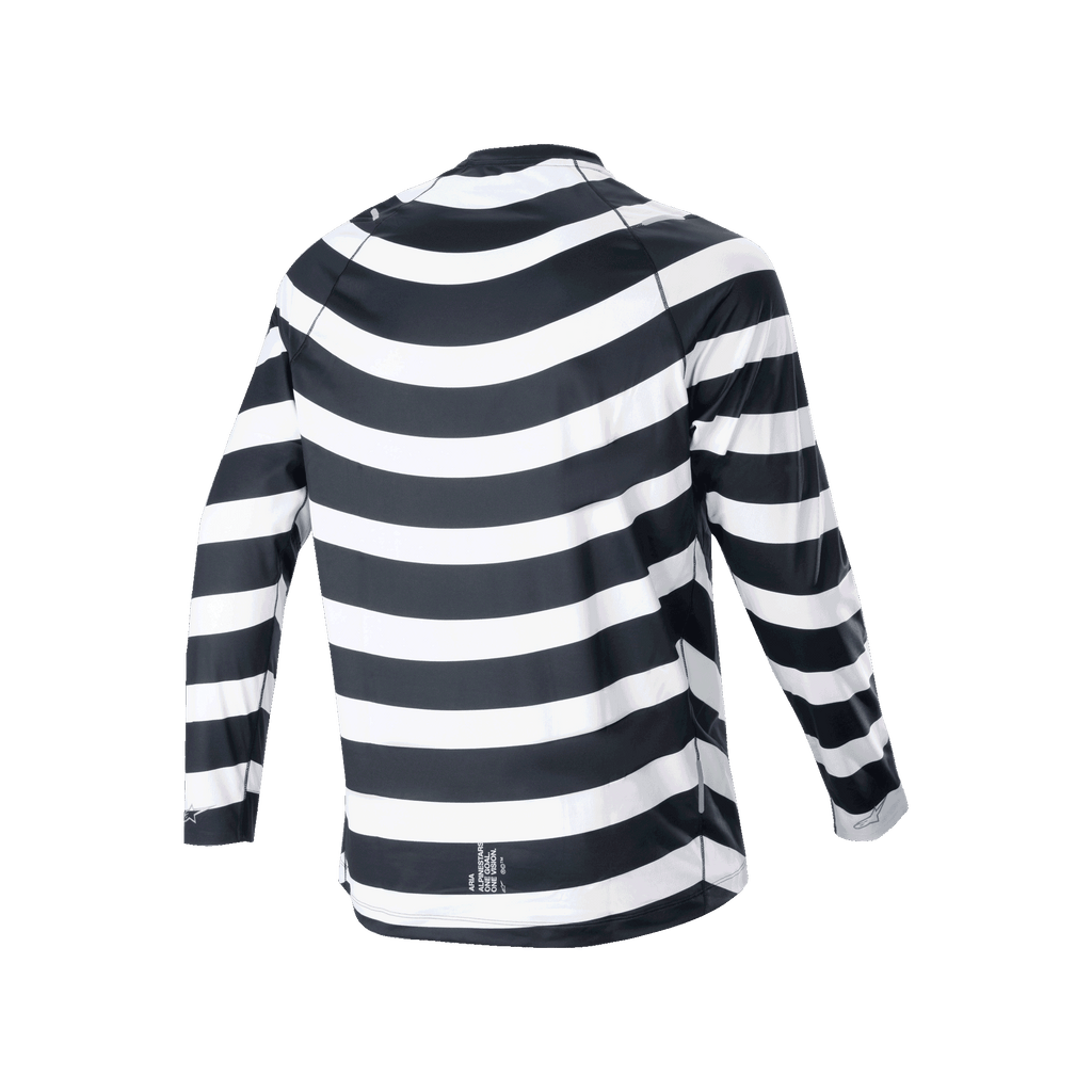 Alpinestars A-Aria Oscar Jersey met lange mouwen, zwart en wit, achteraanzicht met de spiraalvormige Oscar-graphic, wielershirt met een prestatiepasvorm en verlengde achterkant voor MTB trailrijden