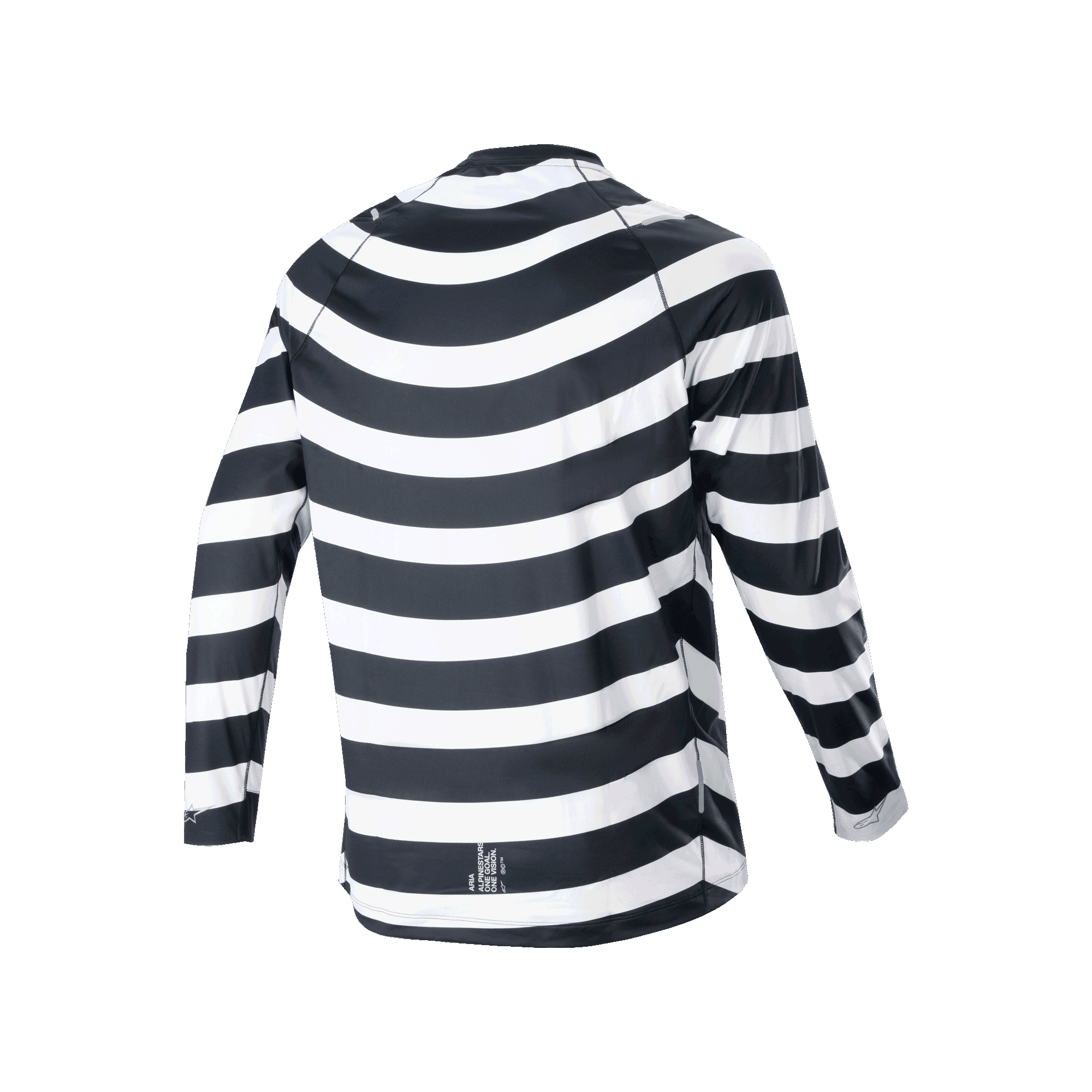 Alpinestars A-Aria Oscar Jersey met lange mouwen, zwart en wit, achteraanzicht met de spiraalvormige Oscar-graphic, wielershirt met een prestatiepasvorm en verlengde achterkant voor MTB trailrijden