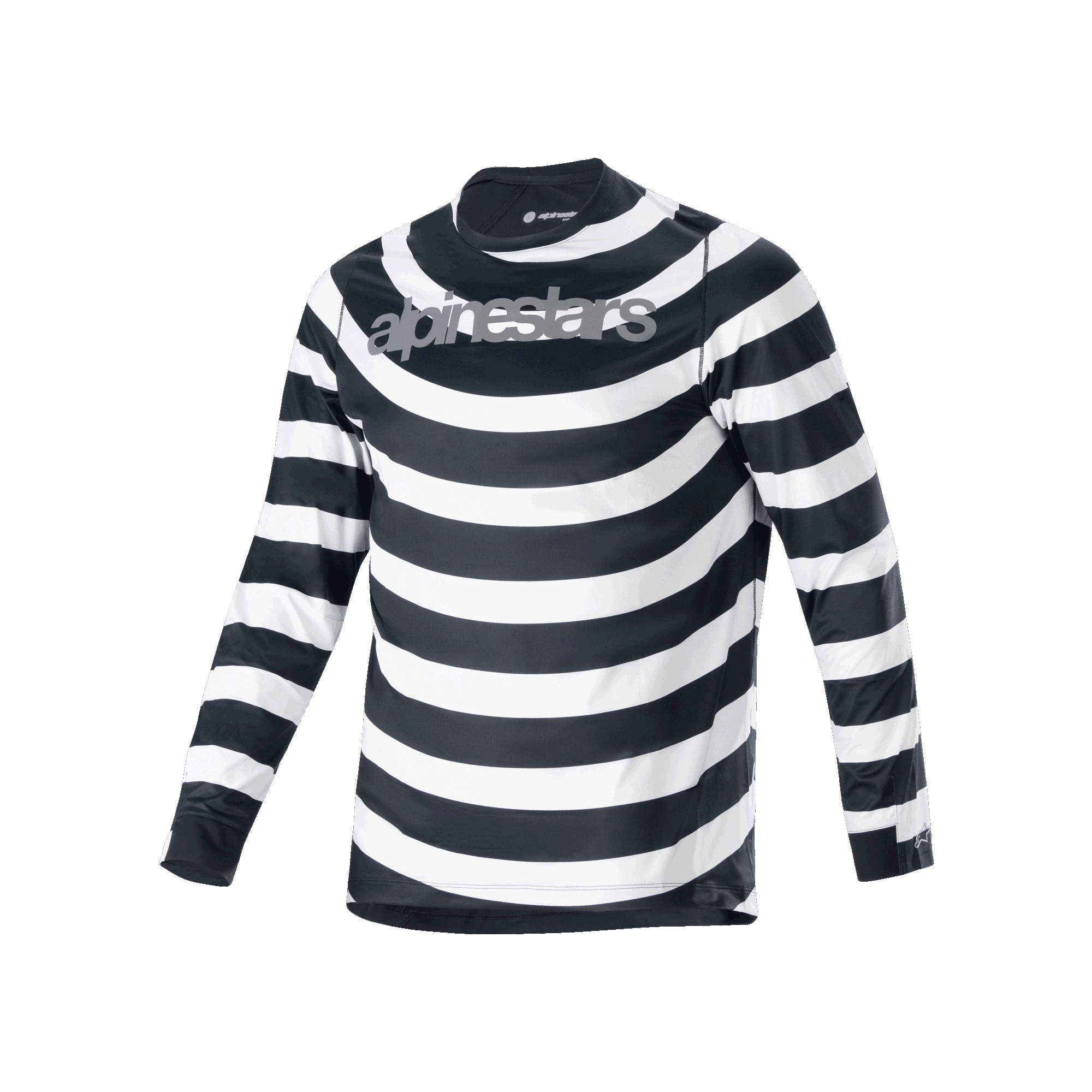 Alpinestars A-Aria Oscar Jersey, MTB-shirt met lange mouwen, zwart-witte spiraalvormige horizontale strepen, grijs Alpinestars-logo op de borst, lichtgewicht en ademende performance fietskleding