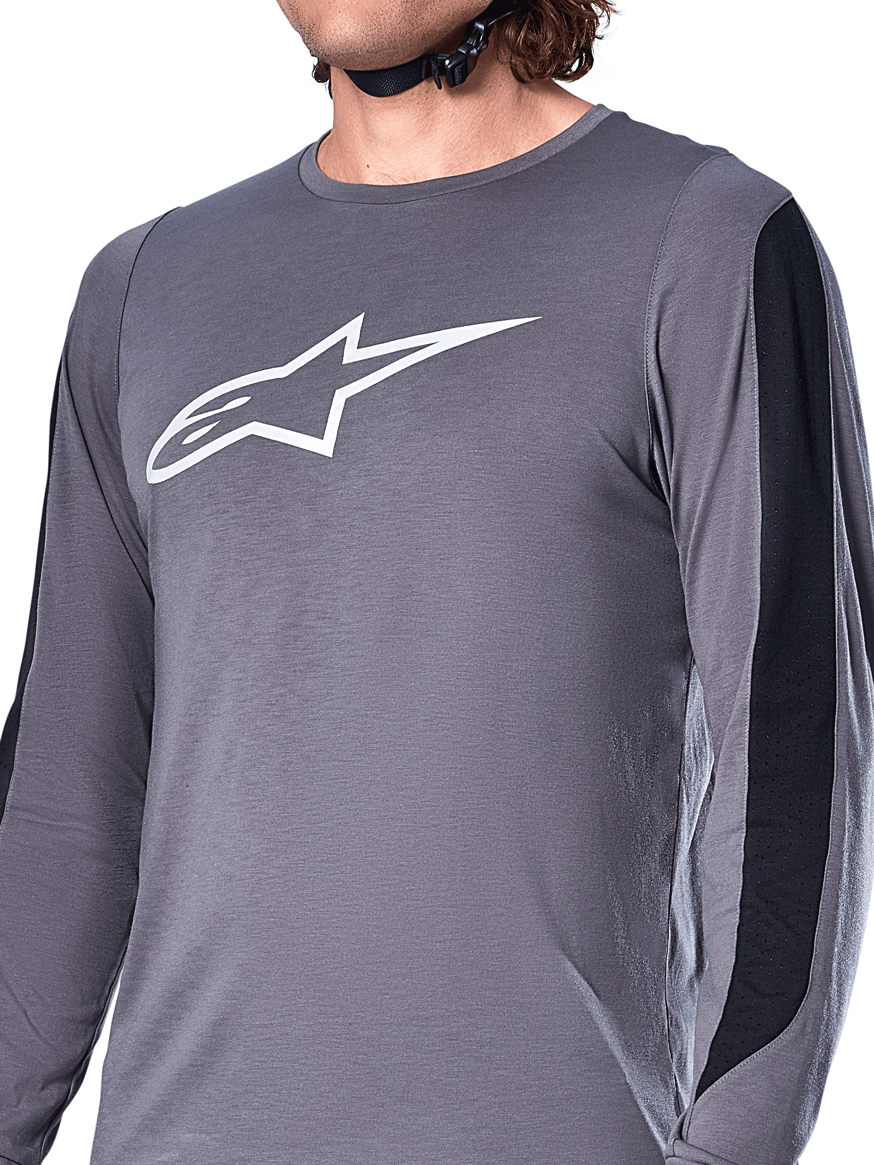 Alpinestars A-Dura Dri Astar Jersey, Long Sleeve, Dark Gray, white Astars logo on the chest, black mesh panels on sleeves, performance mountain bike apparel