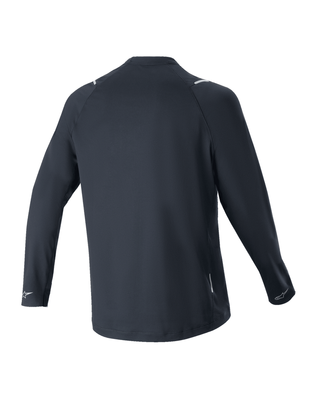 Alpinestars A-Aria Switch Jersey met lange mouwen, zwart, achteraanzicht, lichtgewicht en ademende polyesterstof, voorzien van een verlengde achterkant en reflecterende Alpinestars-logo's op de manchetten, performance pasvorm voor mountainbiken