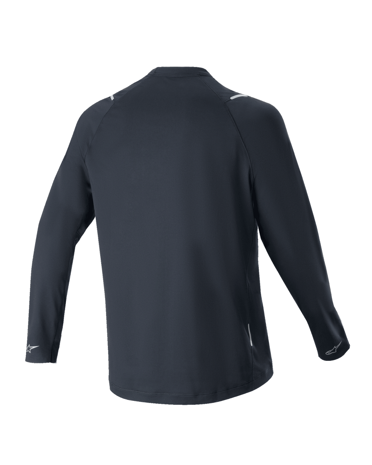 Alpinestars A-Aria Switch Jersey met lange mouwen, zwart, achteraanzicht, lichtgewicht en ademende polyesterstof, voorzien van een verlengde achterkant en reflecterende Alpinestars-logo's op de manchetten, performance pasvorm voor mountainbiken