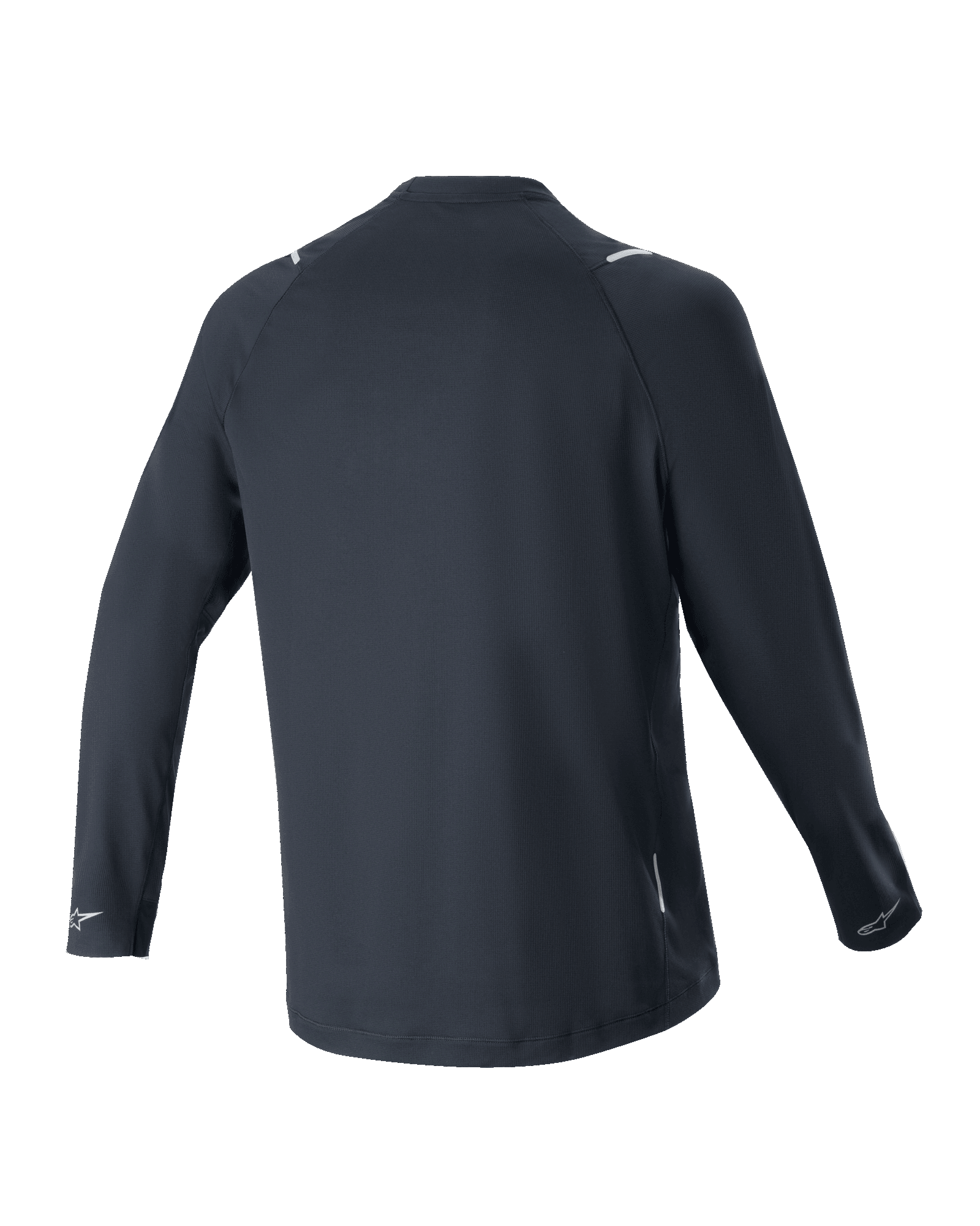 Alpinestars A-Aria Switch Jersey met lange mouwen, zwart, achteraanzicht, lichtgewicht en ademende polyesterstof, voorzien van een verlengde achterkant en reflecterende Alpinestars-logo's op de manchetten, performance pasvorm voor mountainbiken