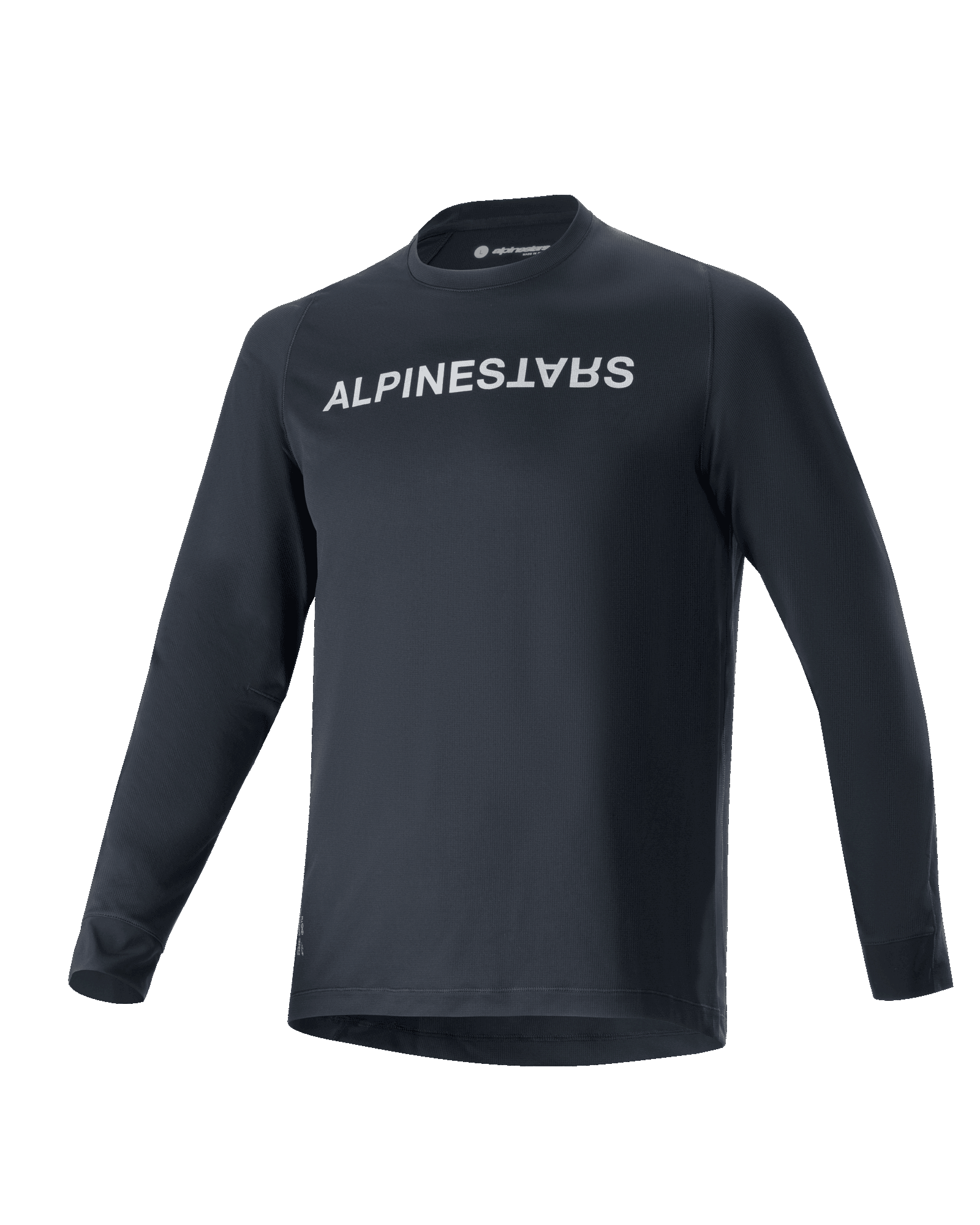 Alpinestars A-Aria Switch jersey met lange mouwen, MTB-fietsshirt, zwart, opvallend wit Alpinestars-logo op de borst, ronde hals, lichtgewicht ademende stof, prestatiepasvorm voor off-road rijden
