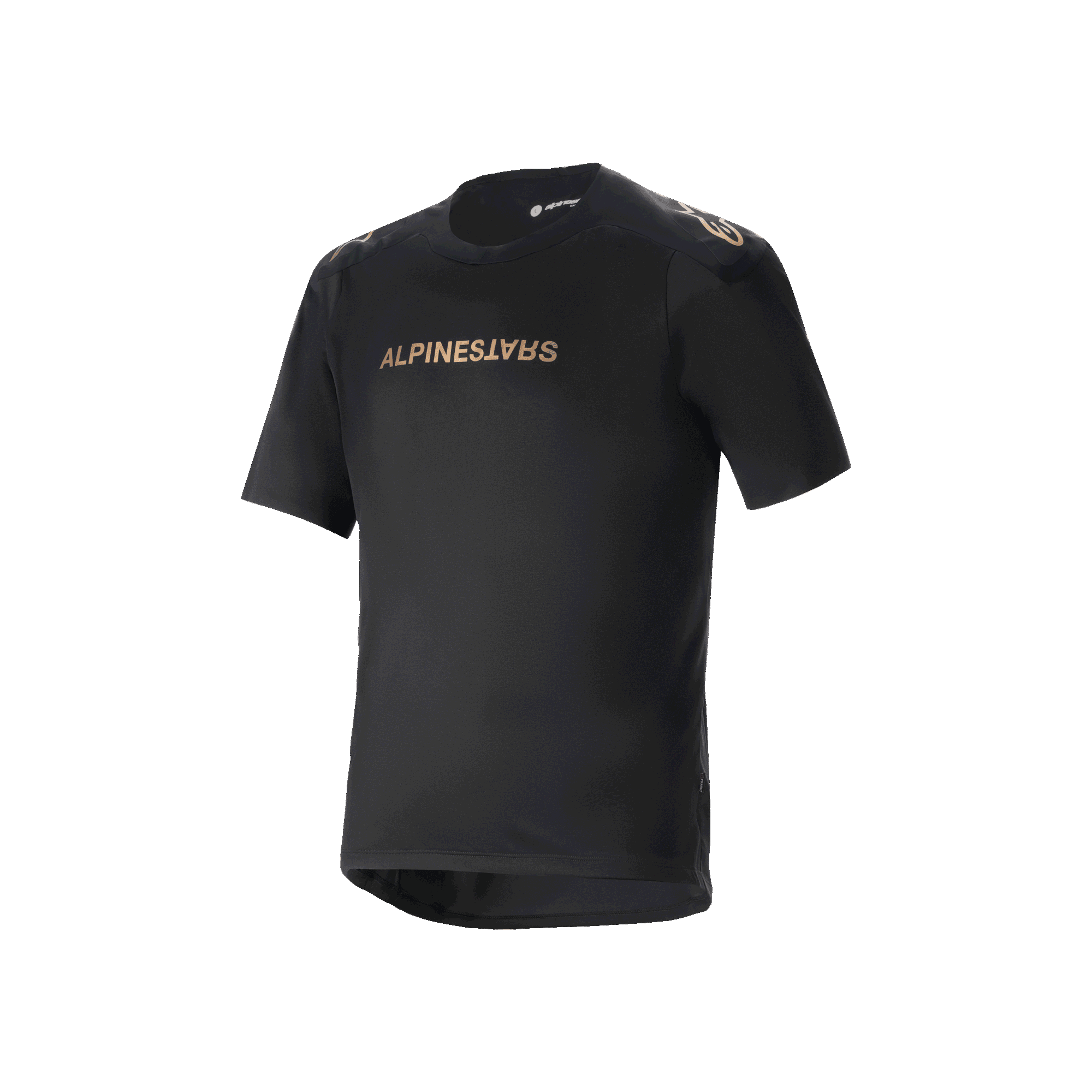 Alpinestars A-Aria Polartec Switch jersey met korte mouwen, zwarte mountainbike jersey, bronskleurige Alpinestars-branding op de borst en schouders, technische vochtafvoerende stof, prestatiegerichte pasvorm met verlengde achterzoom