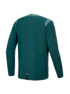 Alpinestars A-Dura Dri Wool Jersey - Lange mouwen, Dark Pine, achteraanzicht met meshpanelen op de schouders en kraag, technische wolmix stof, verlengde achterkant voor MTB-dekking, kleine oranje branding aan de onderste zoom