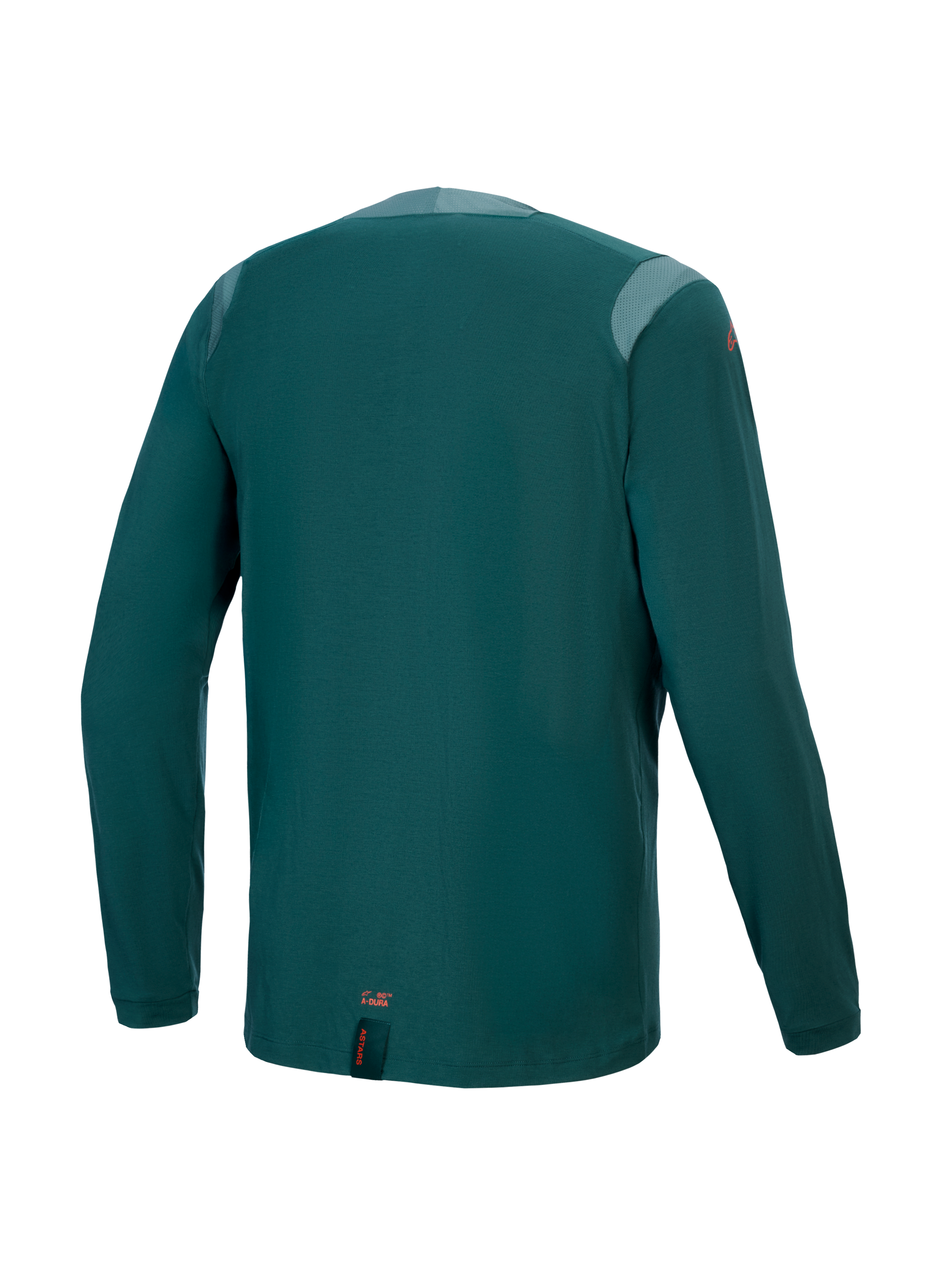 Alpinestars A-Dura Dri Wool Jersey - Lange mouwen, Dark Pine, achteraanzicht met meshpanelen op de schouders en kraag, technische wolmix stof, verlengde achterkant voor MTB-dekking, kleine oranje branding aan de onderste zoom