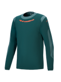 Alpinestars A-Dura Dri Wool Jersey longsleeve, mountainbike shirt in donkergroen met lichtgrijze mesh-panelen, oranje logo op de borst, ronde hals, ademend drirelease wolmateriaal