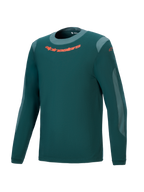 Alpinestars A-Dura Dri Wool Jersey longsleeve, mountainbike shirt in donkergroen met lichtgrijze mesh-panelen, oranje logo op de borst, ronde hals, ademend drirelease wolmateriaal