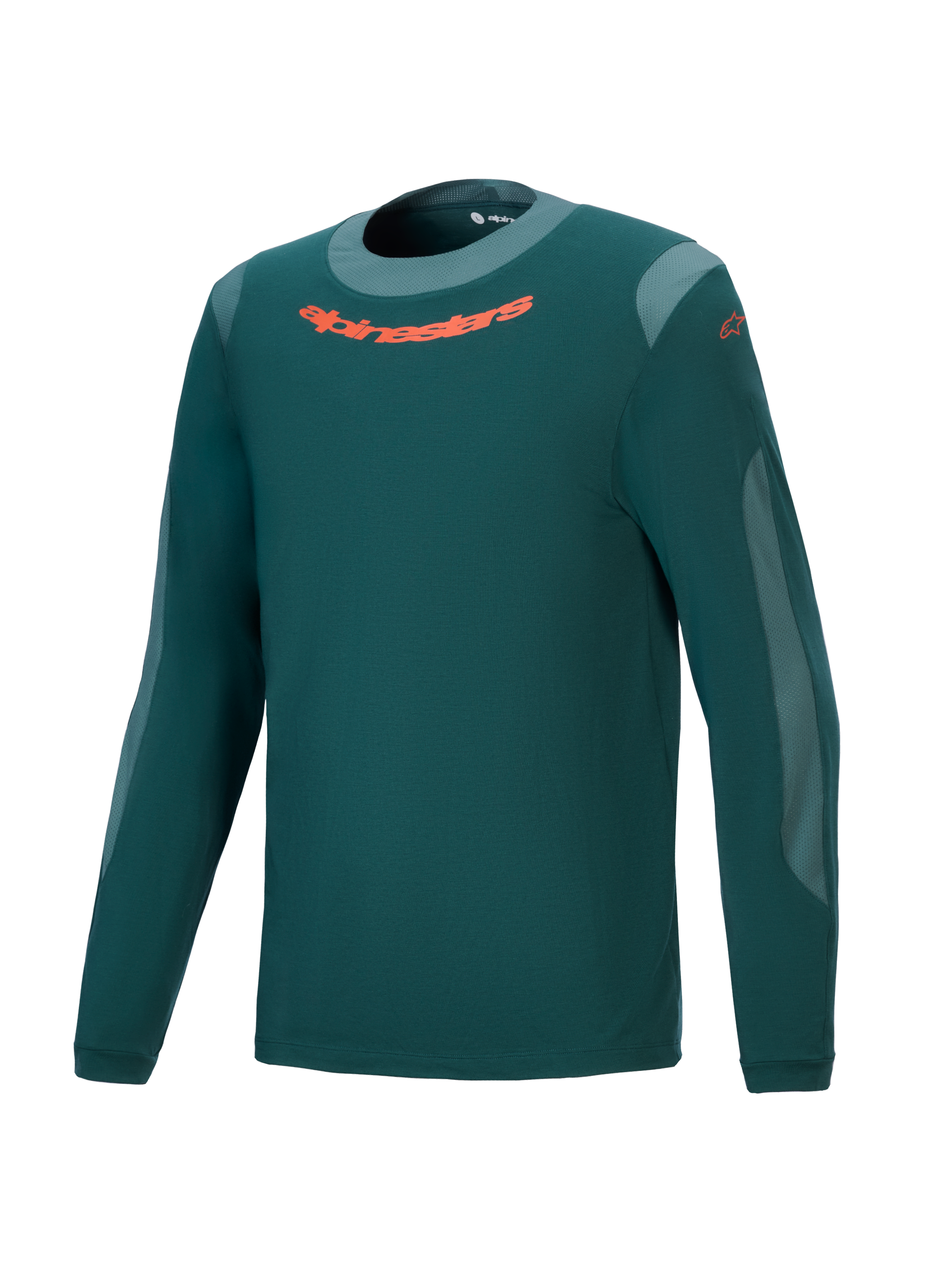 Alpinestars A-Dura Dri Wool Jersey longsleeve, mountainbike shirt in donkergroen met lichtgrijze mesh-panelen, oranje logo op de borst, ronde hals, ademend drirelease wolmateriaal