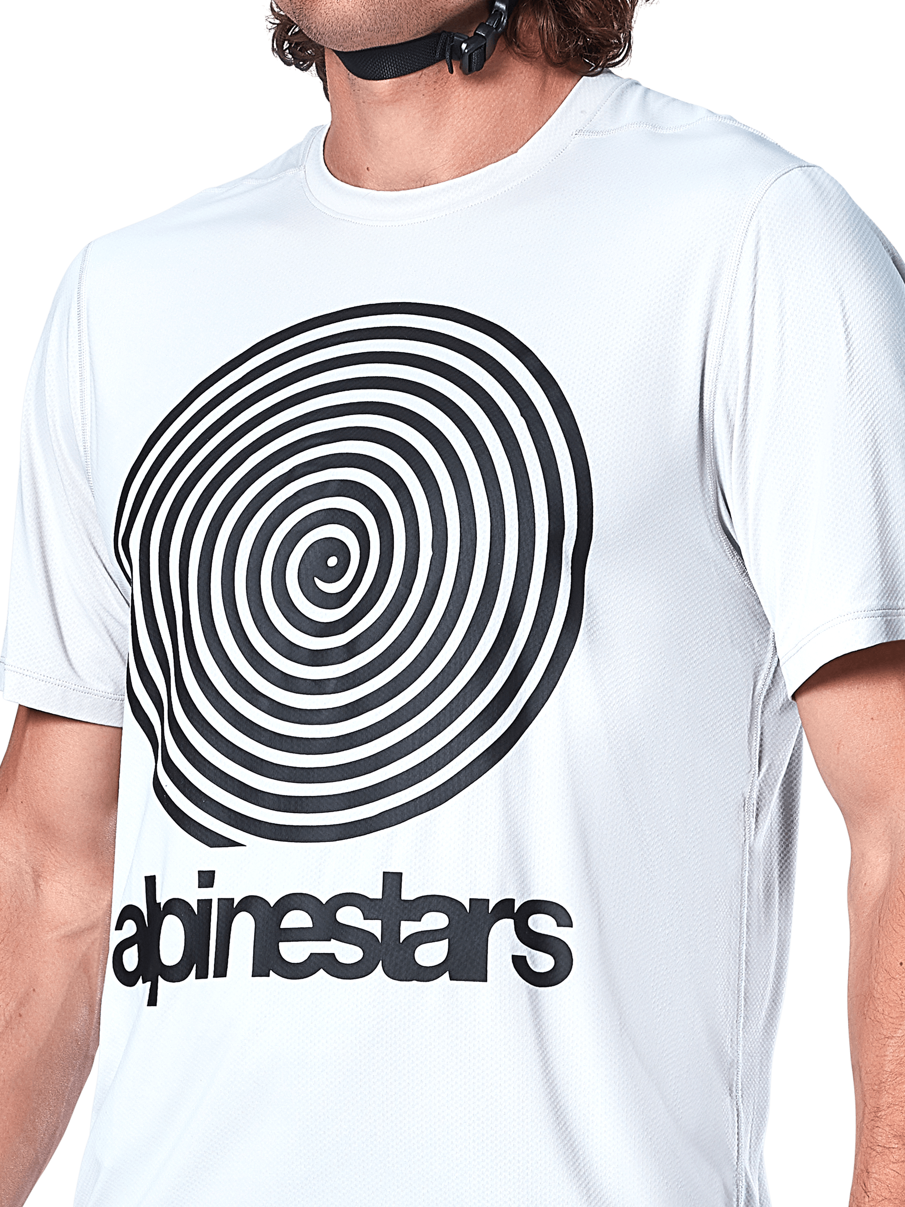 Alpinestars A-Dura Oscar Jersey, Short Sleeve MTB Jersey, White Dove, large black spiral Oscar graphic on chest, screen-printed Alpinestars wordmark, jacquard knit texture, performance cycling apparel