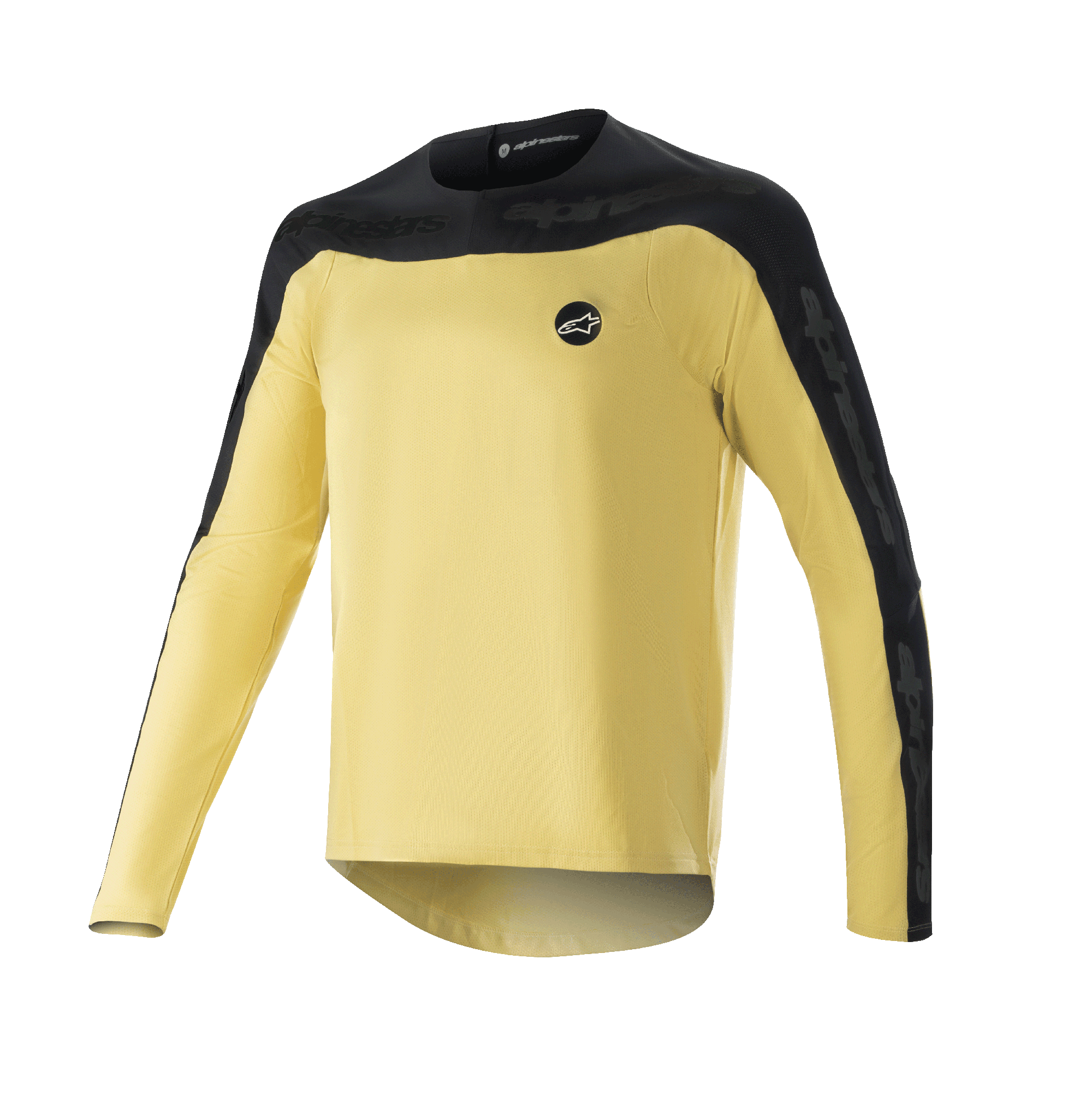 Alpinestars Drop Meta Long Sleeve Jersey, MTB Mountain Bike Jersey, Gold and Black, black shoulder yoke and outer sleeve panels, small circular logo on chest, lightweight breathable mesh fabric, extended drop tail hem