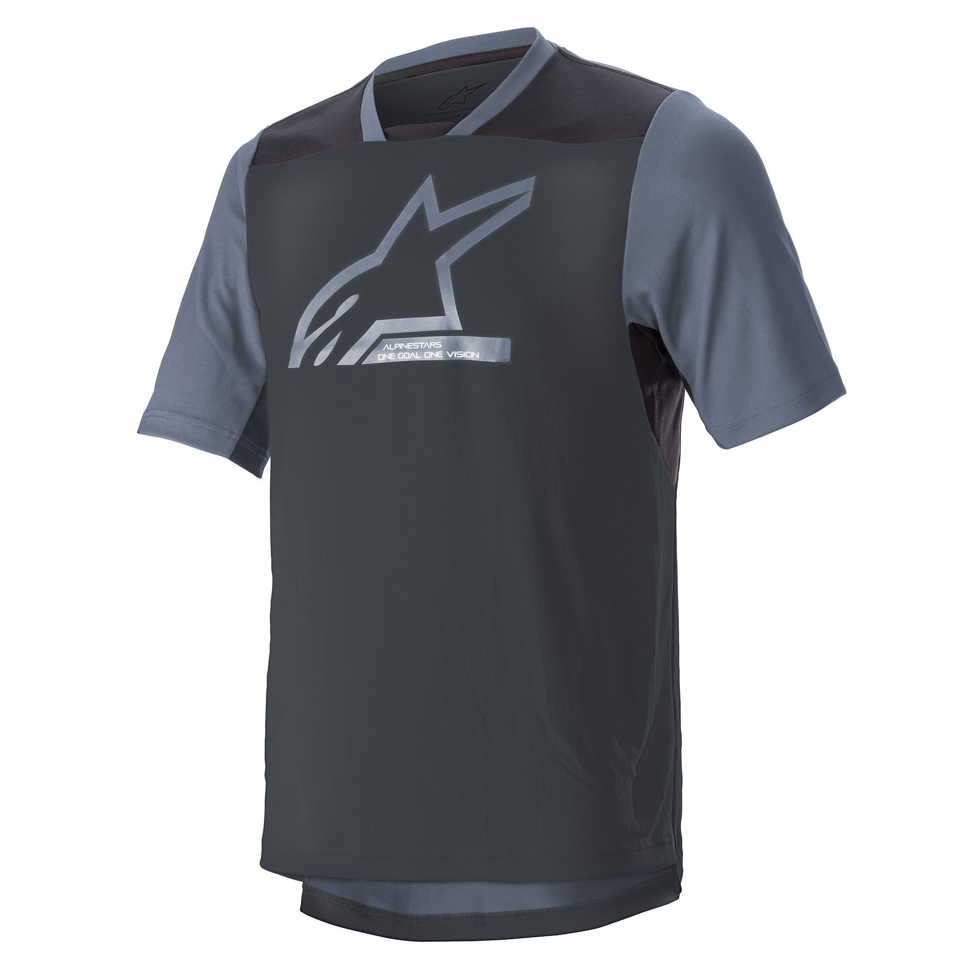 Alpinestars Drop 6 V2 Jersey - korte mouwen, Grisaille Black, MTB-shirt, technische poly-stof met donkergrijze romp en lichtgrijze mouwen, groot zilveren Alpinestars-logo op de borst, mesh-inzetstukken voor luchtstroom, relaxte pasvorm voor off-road fietsen