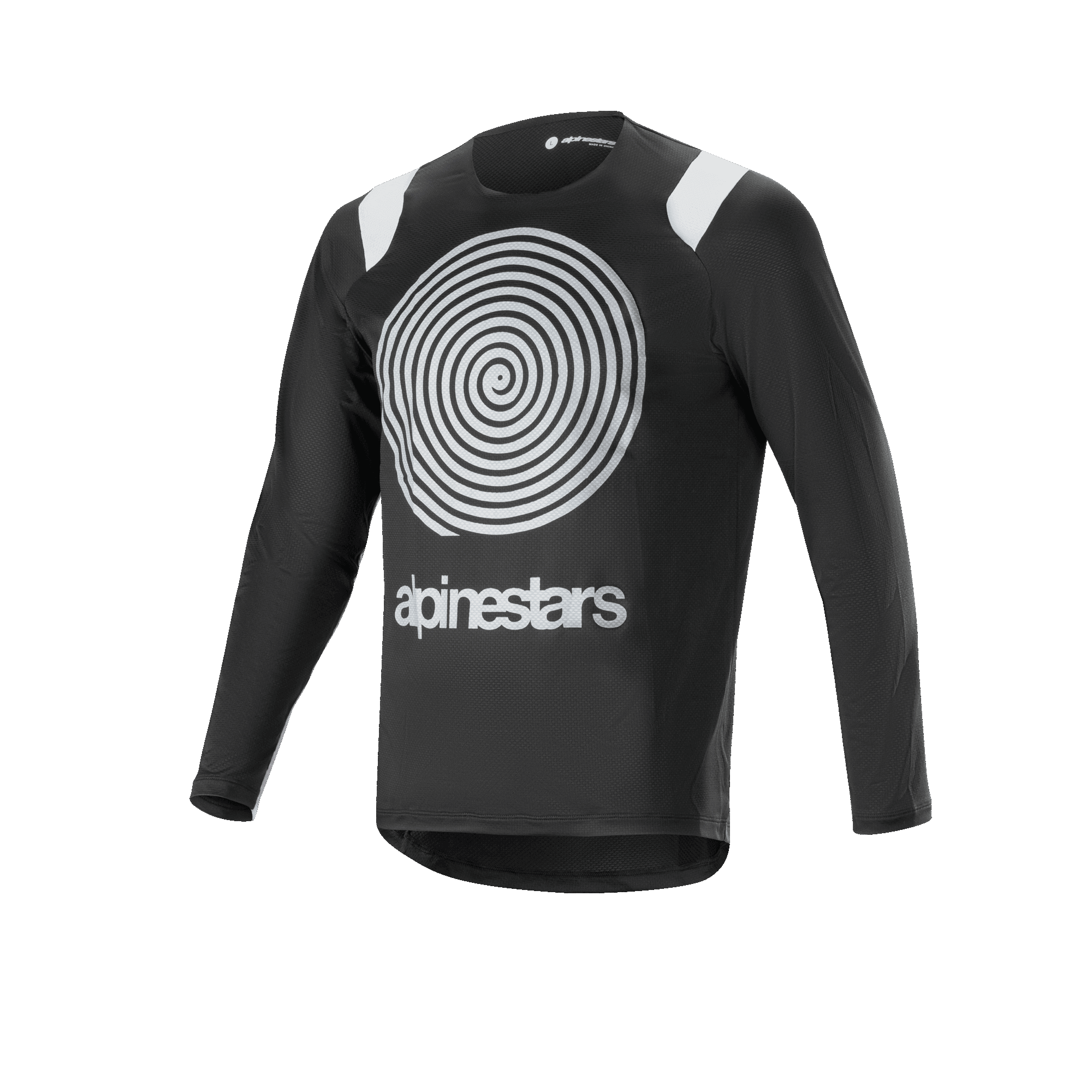 Alpinestars A-Supra Oscar Jersey met lange mouwen, zwart wielershirt, voorzien van een grote witte Oscar spiraalgrafiek op de borst, witte schouderaccenten en Alpinestars-logo, lichtgewicht en ademend voor MTB gravity rijden